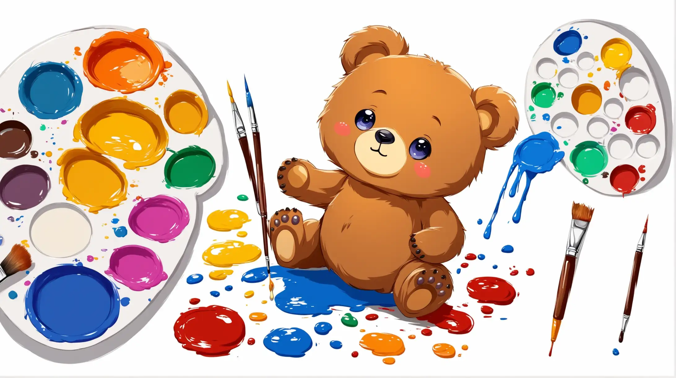 cute cartoon bear painting with paints messy white background pallette
