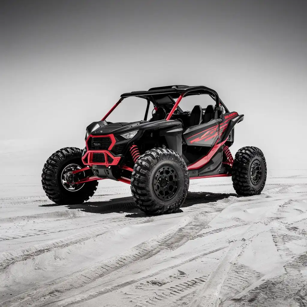 pic of a black and red side by side with mud tires on white background