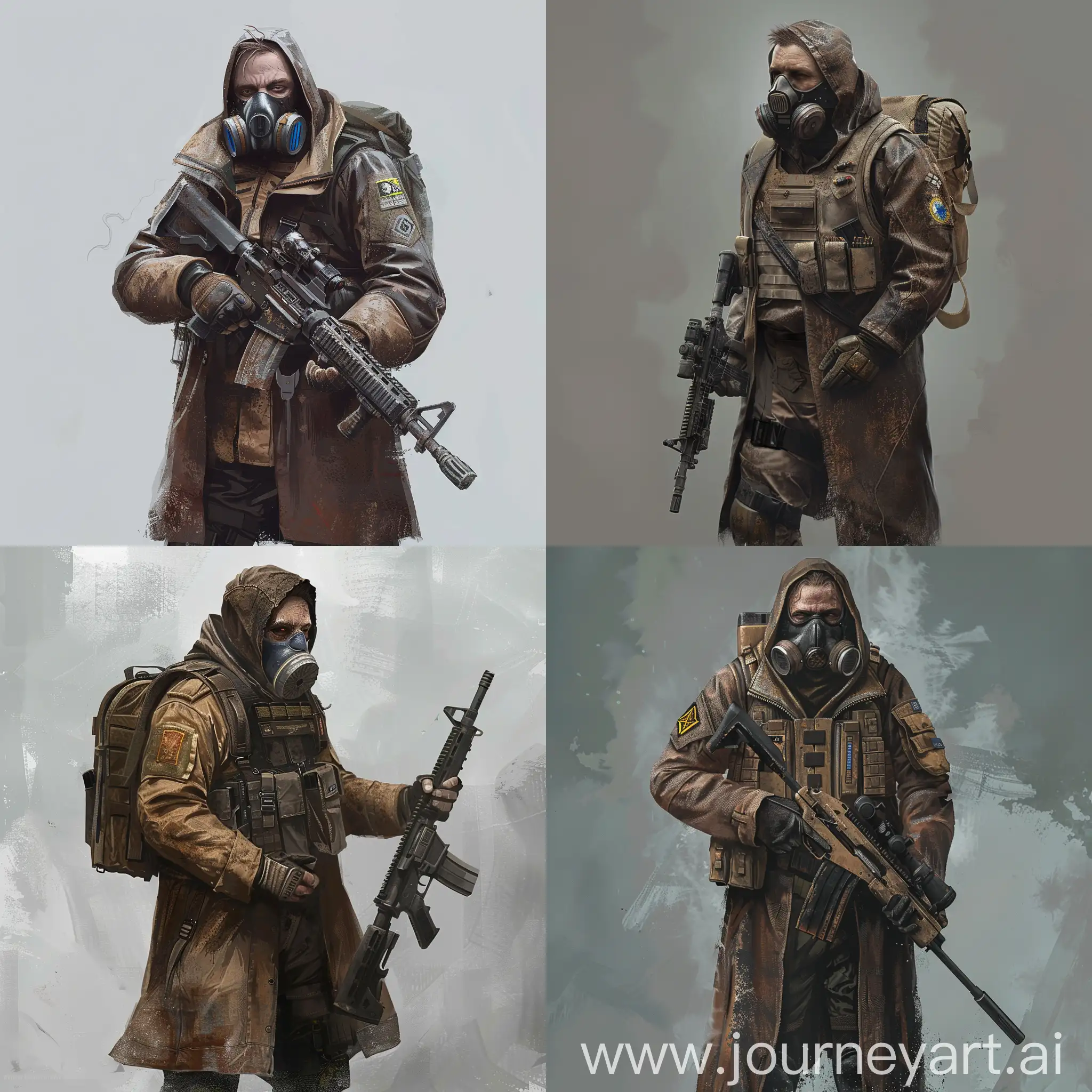 PostApocalyptic-Sniper-Character-in-Dark-Brown-Raincoat-with-Gas-Mask-and-Sniper-Rifle