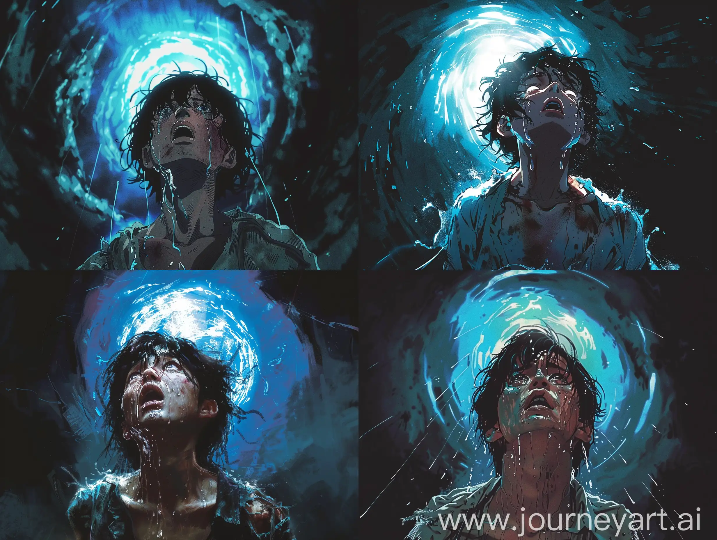 A dark, anime-style movie poster in the style of Satoshi Kon, featuring a character looking upwards, illuminated by a glowing blue vortex in the background. The character has wet hair and tattered clothes, with an expression filled with intense emotion. 