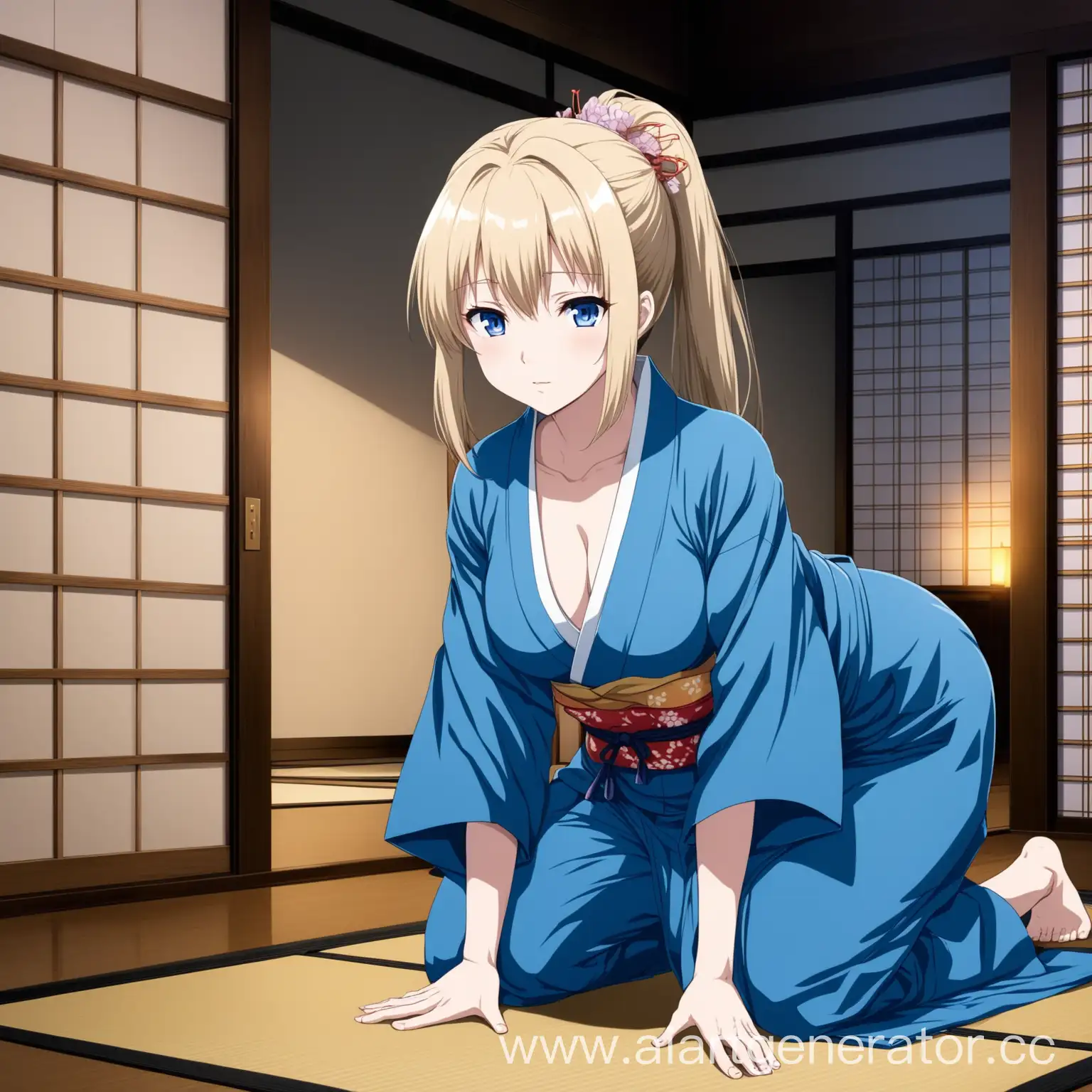 Elegant-Anime-Girl-in-Blue-Kimono-Kneeling-in-Traditional-Japanese-House