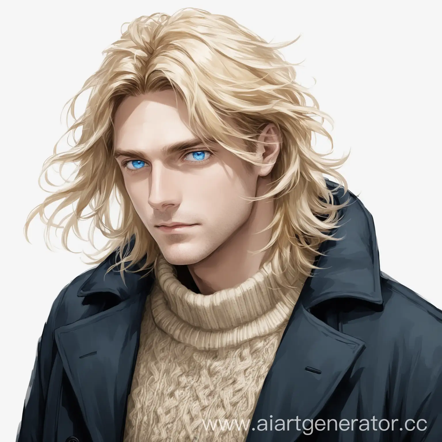 Мужчина блондин голубоглазый, с растрёпанными волосами средней длины, плаще и свитере, на белом фоне 