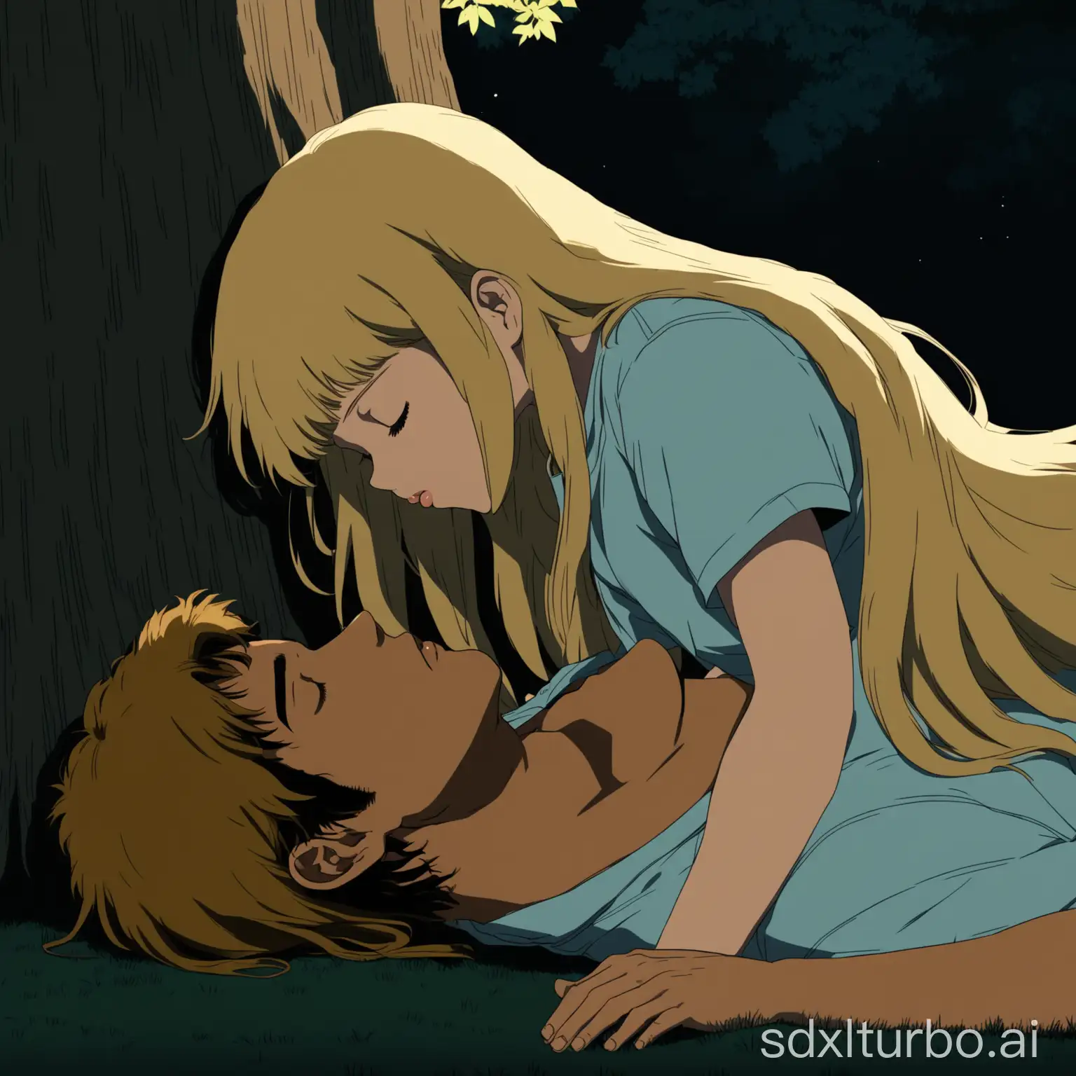 a tall chubby handsome tanned and young man, brown mullet hair kissing the lips of a low stature blonde teen girl with frizzy long hair and bangs, both closing eyes, lying near a tree, in a dark park, full view, anime style