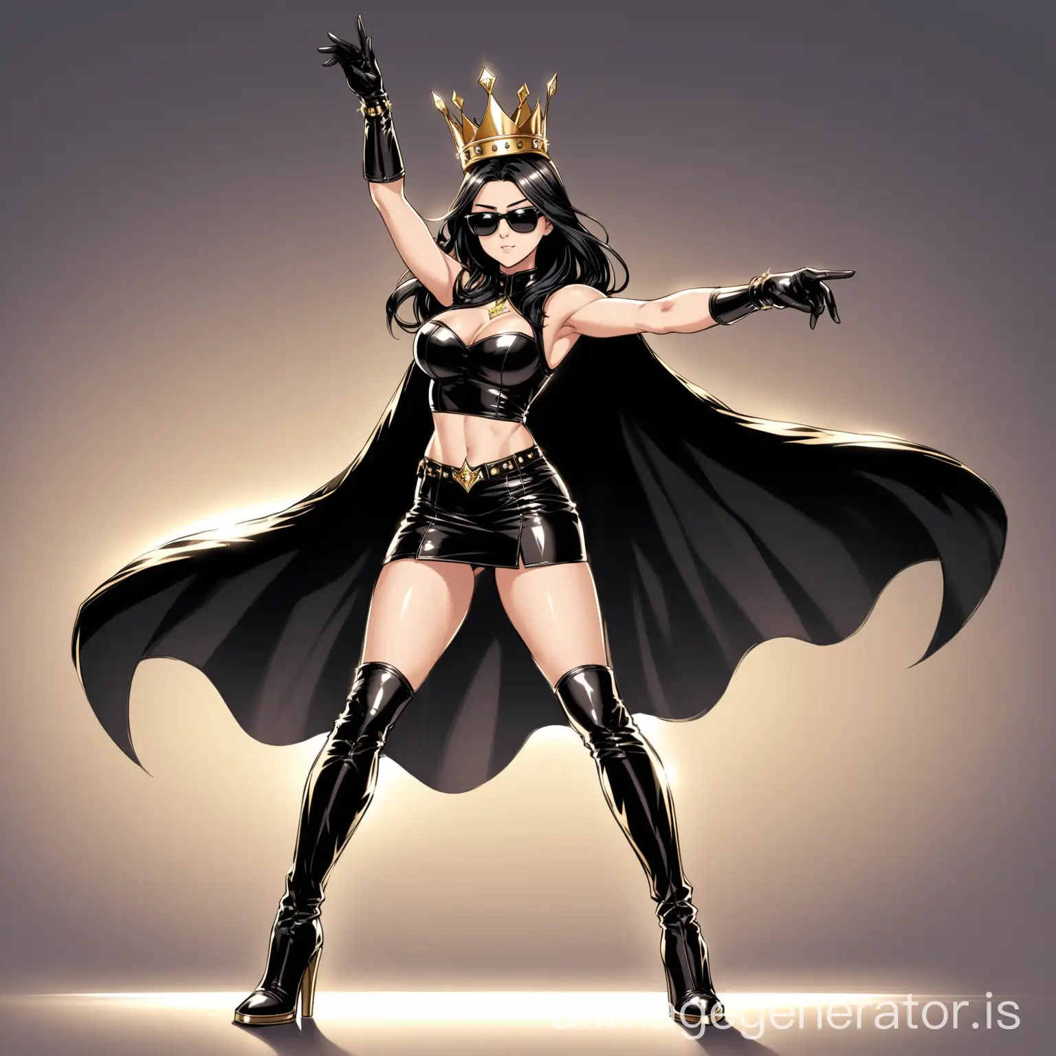 hot anime girl having long and beautiful black hair wearing a black formal leather skirt, a black sleeveless croptop, a black superhero cape reaching her feet, a pair of leather heeled. boots, a pair of leather gloves and a pair of cool shades. she looks royal by wearing a golden crown embedded with diamonds. she gives a really sexy pose