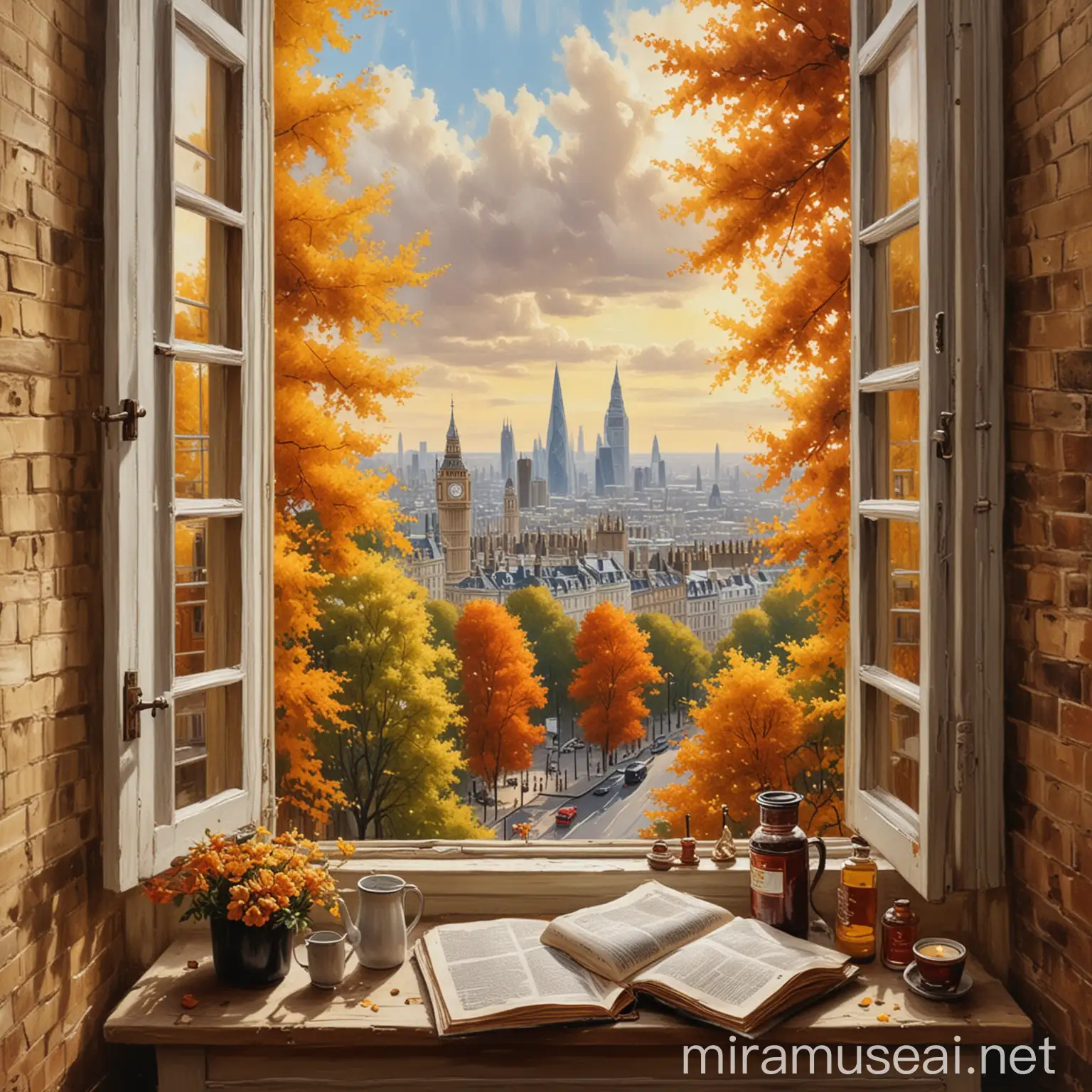 generate a landscape oil painting whicl involves london view in fall, street, home, window, book and use mostly yellowish colors