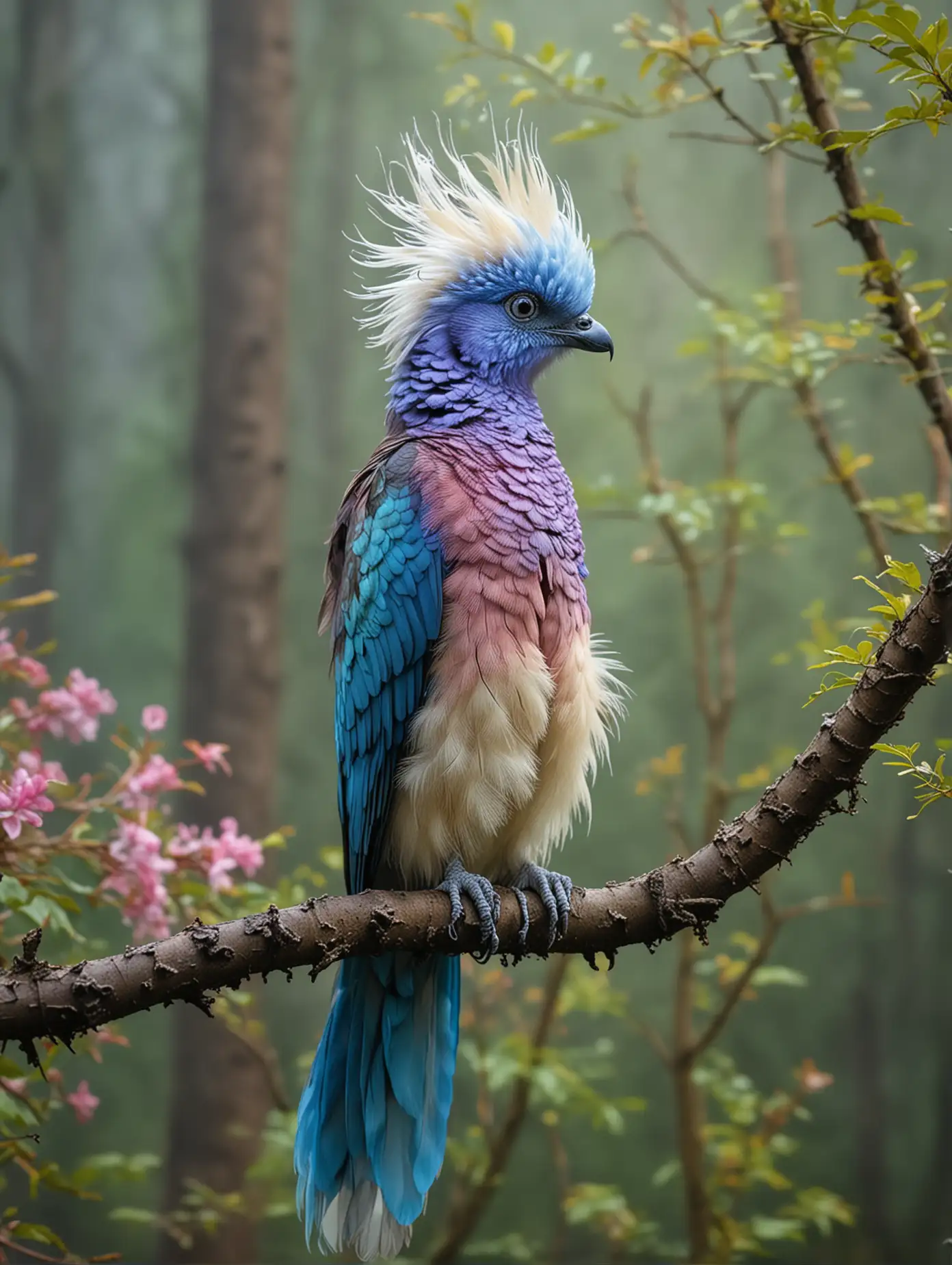 Beautiful bird with thick wavy crested rainbow colors. Blue eyes. Blooming Tail. Relaxing in the Forest in the Morning Fog