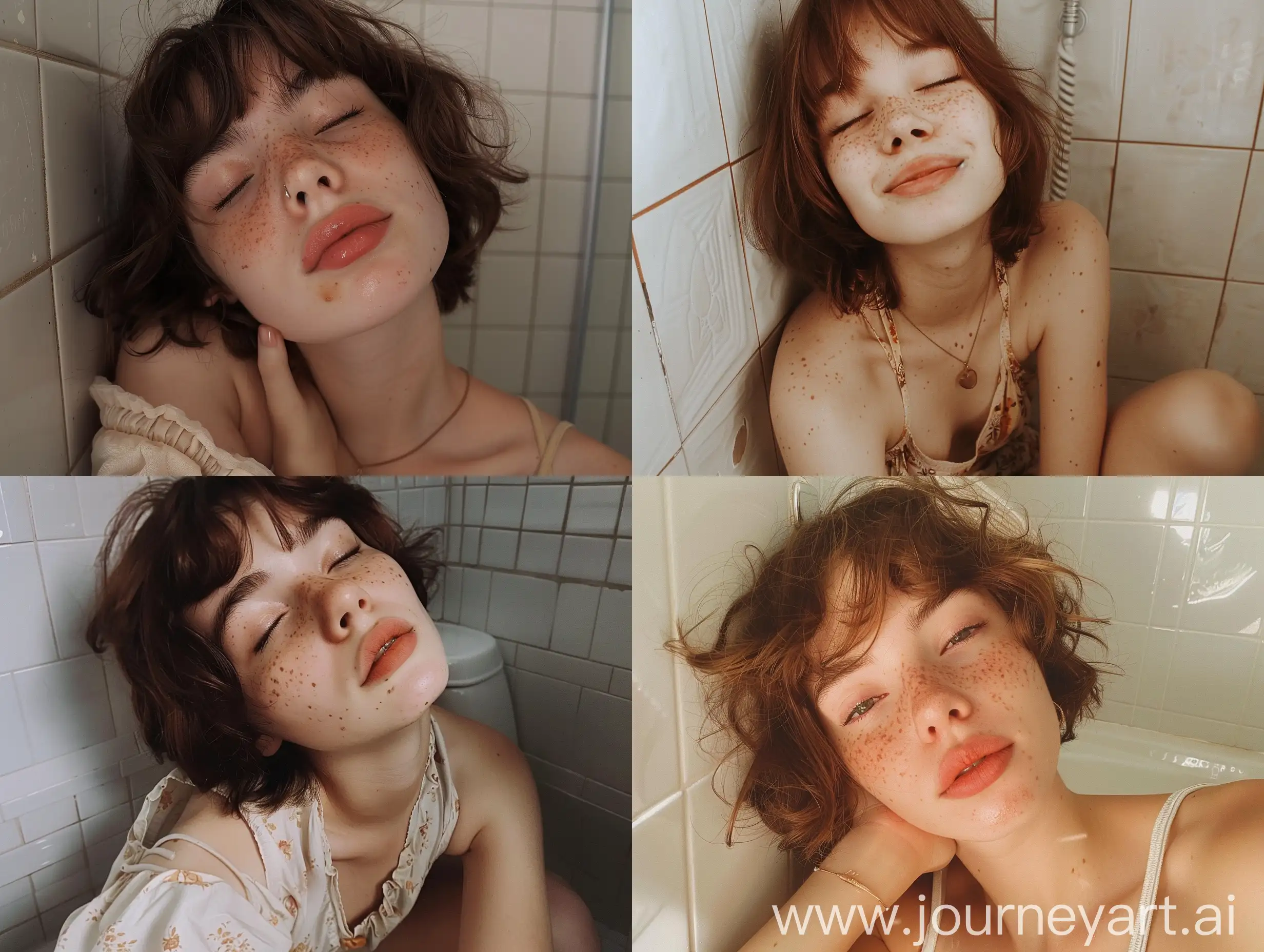 Aesthetic instagram selfie of a young girl, lavatory, knees under chin, silly face, eyes closed, adorable, cute, happy, close up selfie, freckles, brown hair, short hair, full hair