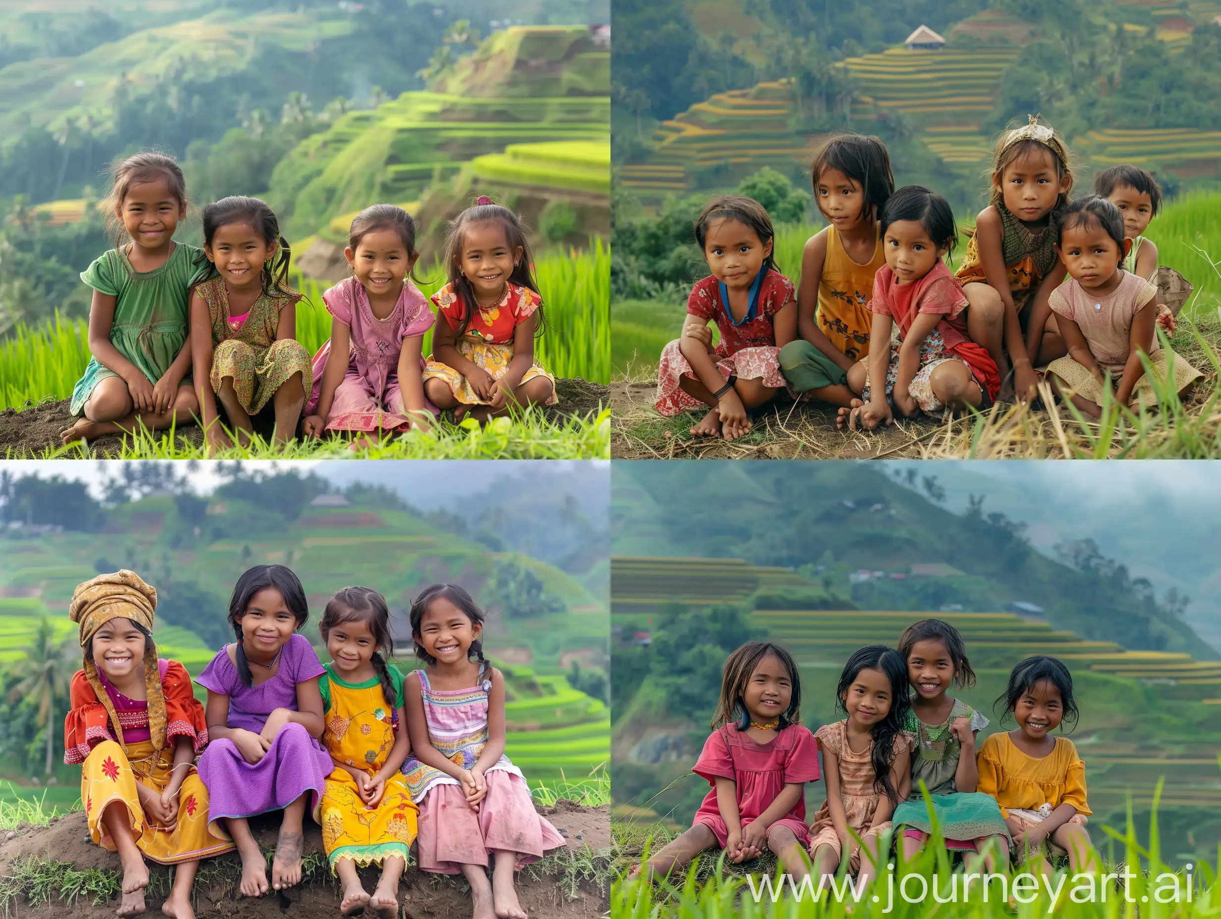 5 lima gadis desa cantik indonesia cilik berusia 7 tahun. Mereka berlima sedang duduk rapih diatas bukit. Dibelakangnya ada sawah dangl gunung bukit indah.Leica kamera. 8K HD. sangat detail. 