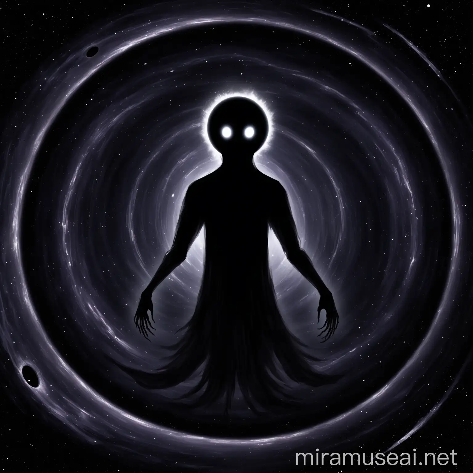 A totally black dark galactic shadow spirit fantasy with a blackhole head