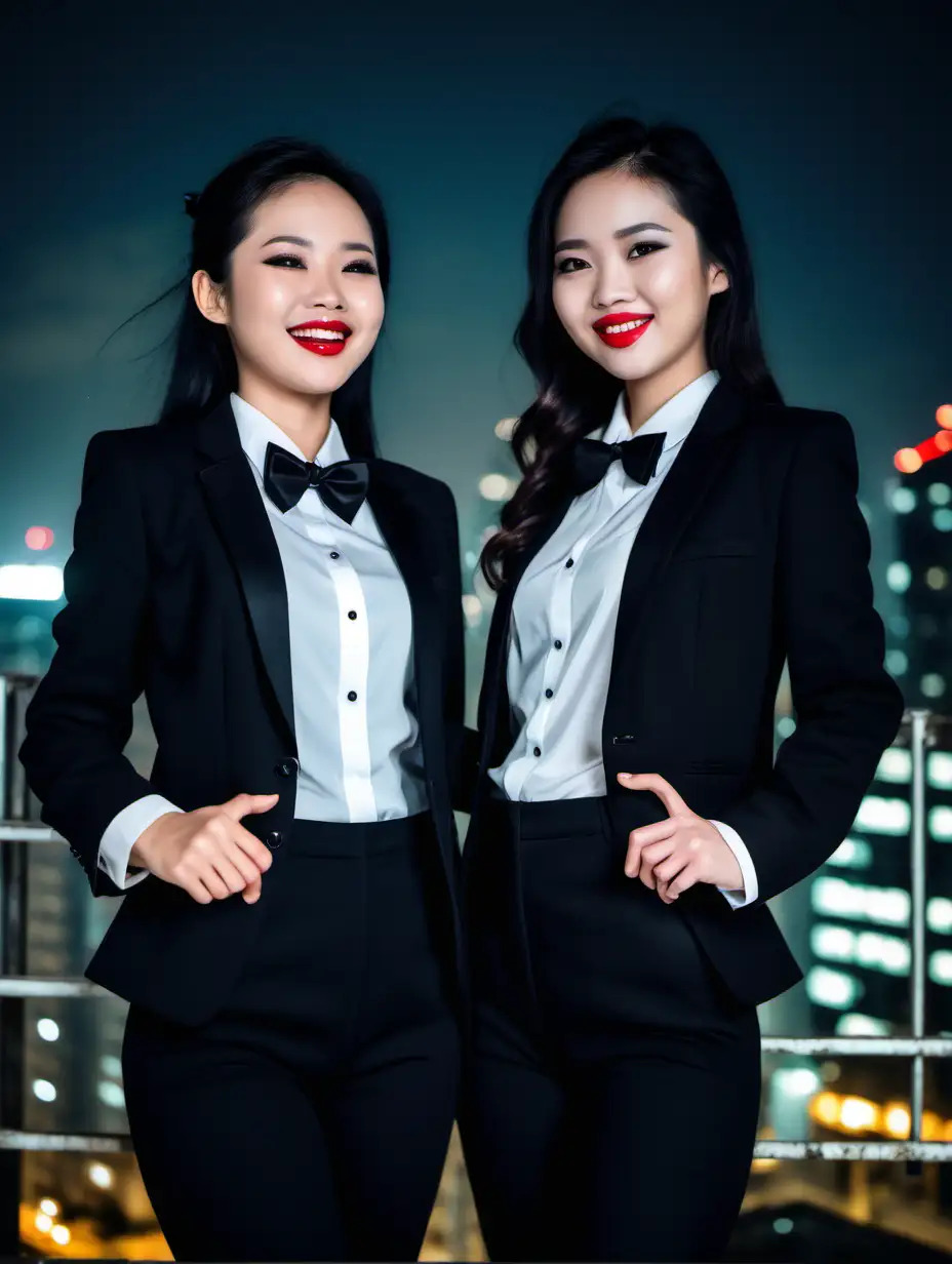 It is night.  Two pretty 30 year old Vietnamese women with black shoulder length hair and red lipstick are standing on a scaffold on top of a skyscraper.  They are smiling and laughing. They are wearing matching tuxedos with (black pants).  Their jackets black and open.  Their shirts are white with a black bow tie.  Their cufflinks are large and black.  Their jackets have a corsage.