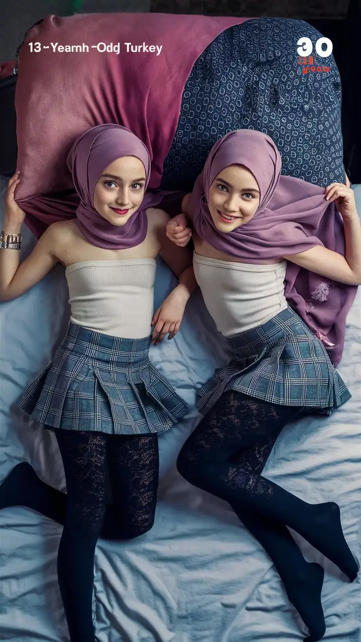 2 girls, 13 years old, hijab, strapless tank top, so mini school skirt, black lace tights, sport shoes. on the bed. petite, elegant. Turkish, from above, top view, 