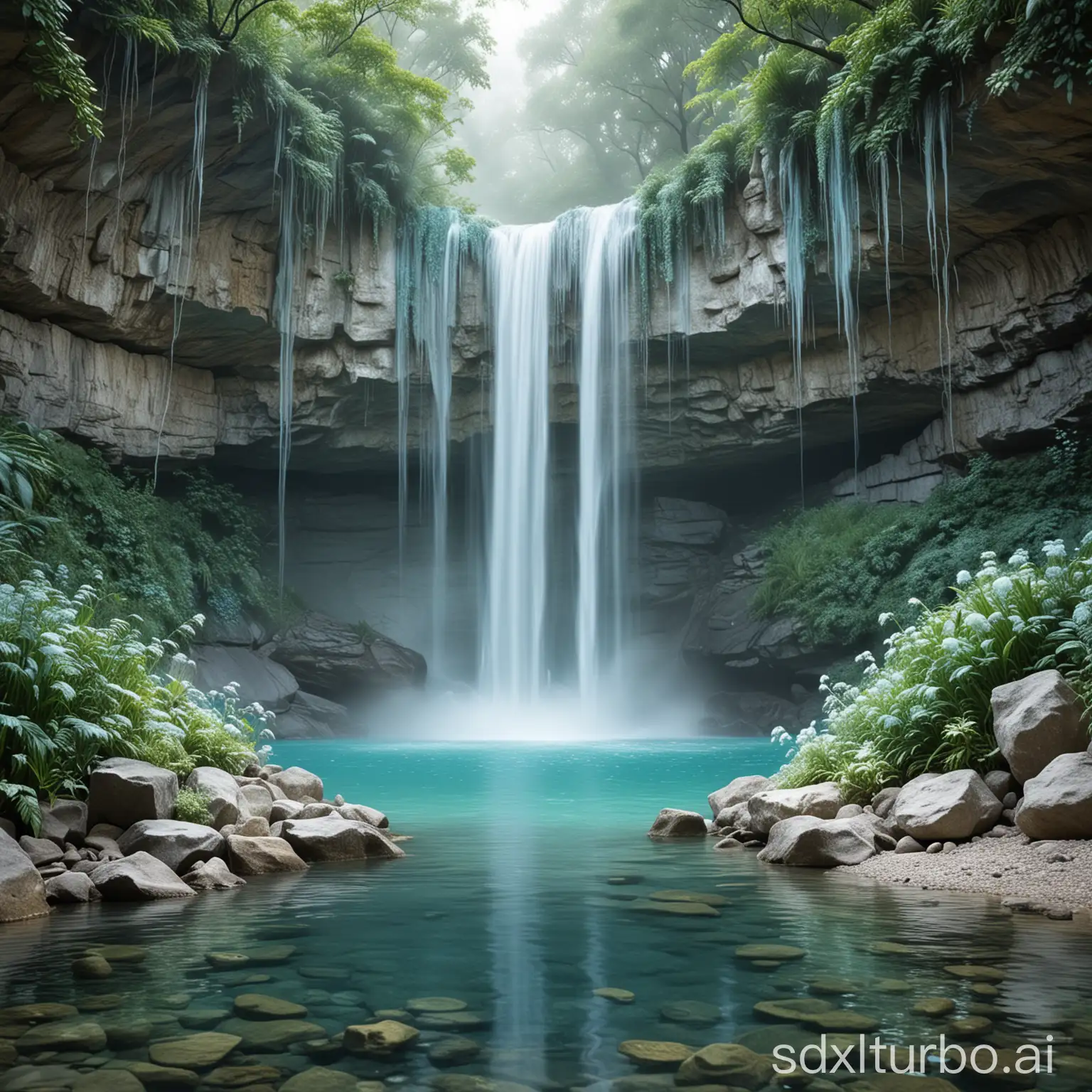 The majestic waterfall in luminescent landascape, gazing upon the aquamarine radiant, vibrant and sparay mist white glowing landscape, with the shimmering and sparkling elements casting a peaceful and calming aura.
