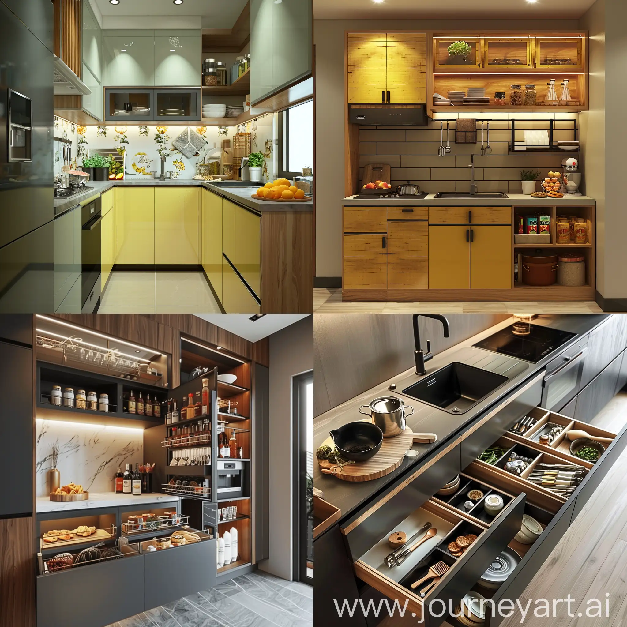 Design a kitchen for the area of 10 sq ft. The kitchen should be easy to operate and store several items such as snacks and utensils