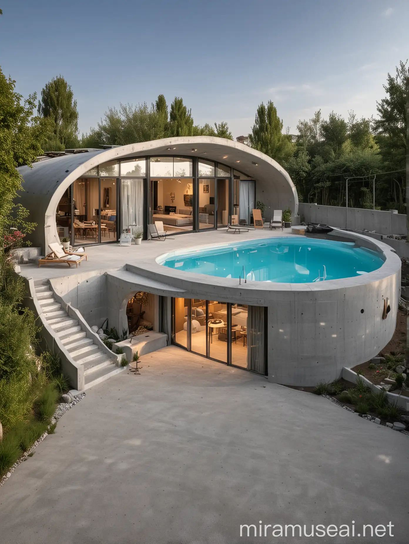 A modern house, duplex gray concrete prefabricated house with a pool, semi-circular arched design, terrace, creative lighting, A movable prefabricated house with dimensions of 200 square meters on the ground floor and 200 square meters on the upper floor, on a 700 square meter plot, featuring a glass roof.