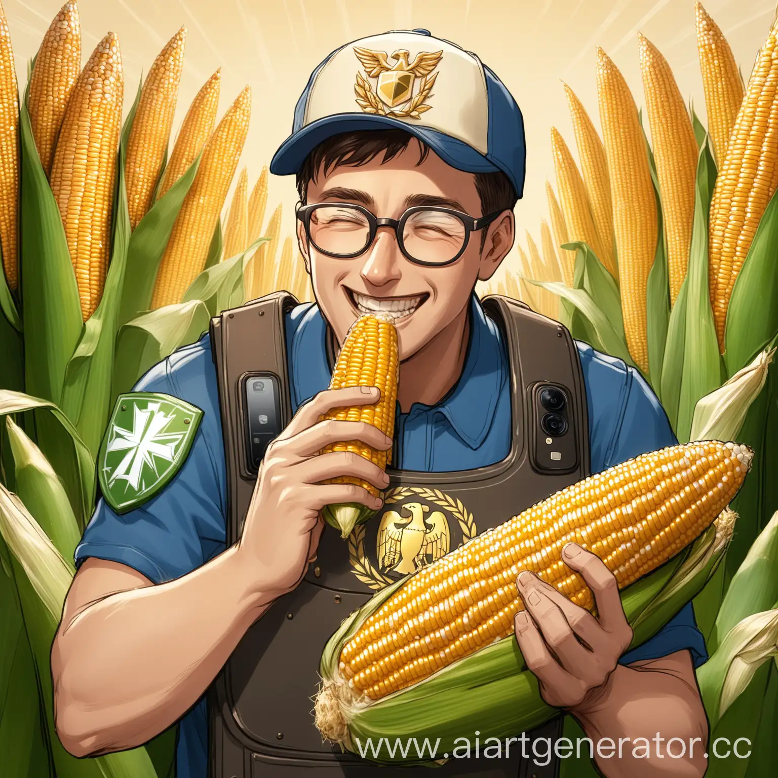 мужчина в очках, правой рукой откусывает кукурузу, левой рукой держит телефон, смотрит на телефон очень радостный, на нем кепка с эмблемой щита