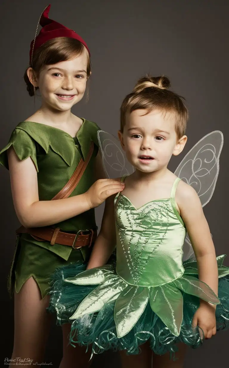 (((Gender role-reversal))), photograph, a 7-year-old girl with long hair is wearing a Peter Pan hunter costume, and a shy cute little 6-year-old boy with short smart spiky hair is standing next to her, the boy looks jealous, the girl is dressing the boy in a shiny green tinkerbell ballerina fairy tutu dress with wings, adorable, perfect faces, perfect faces, clear faces, perfect eyes, perfect noses, smooth skin, photograph style, real