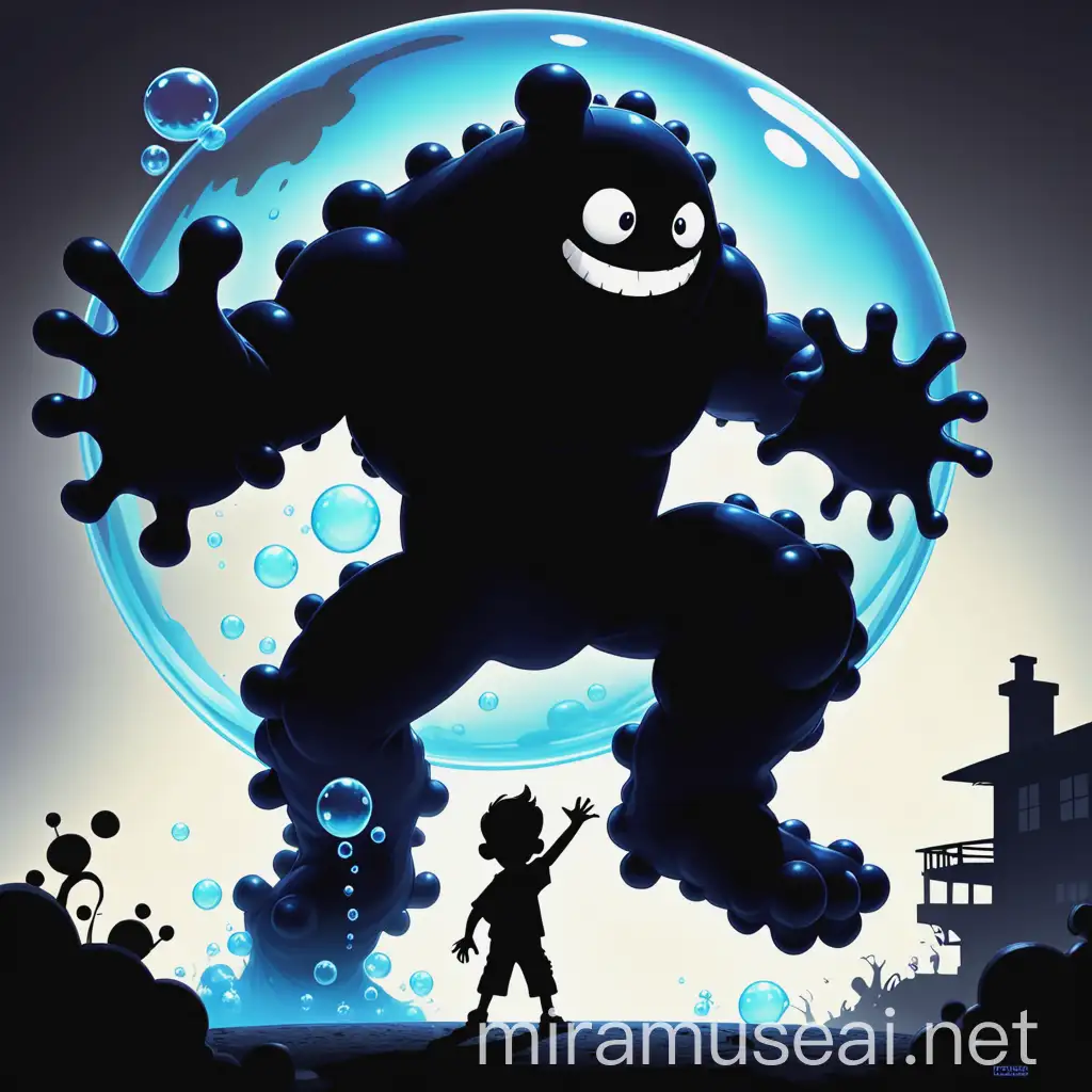 the two characters as a black silhouette and in an action pose. Also this one is about bubble monsters stealing soap. So we need to see them and see the Dad as an action hero with a child on his shoulders or close by