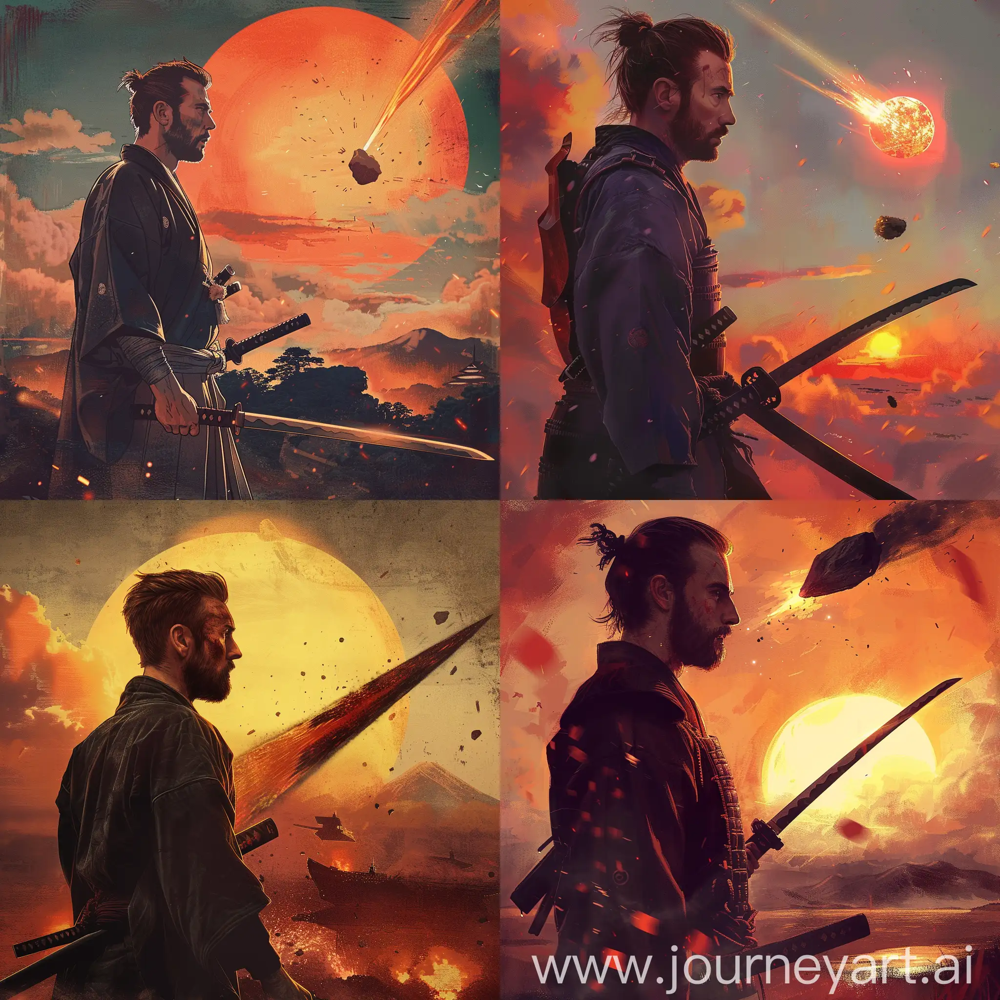 Chris Evans is a samurai, standing in front of the rising sun, looking at a falling meteorite, holding a katana in his hand.