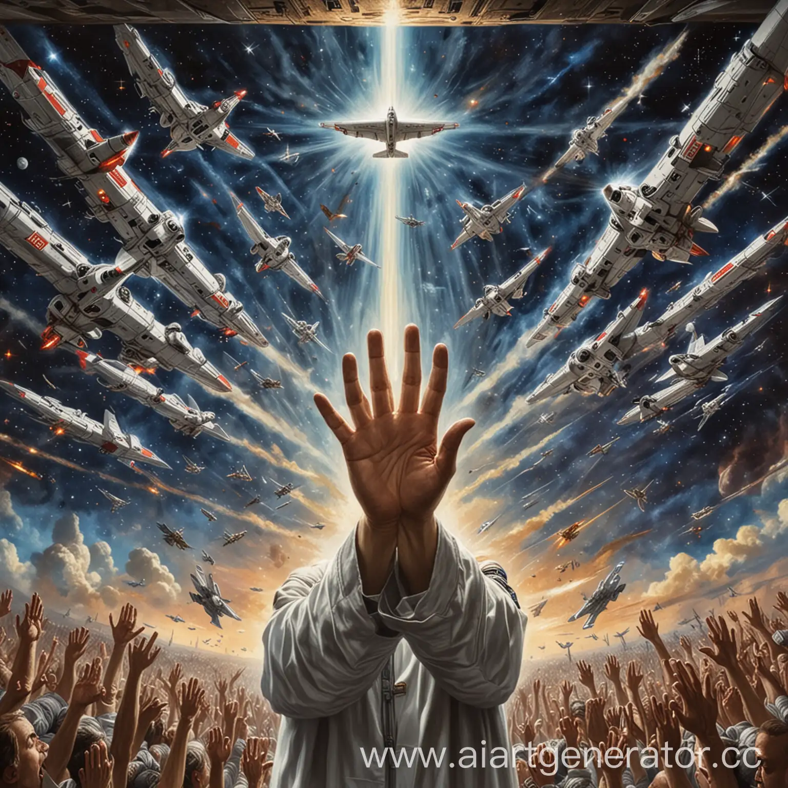 Святой дух протягивающий руки перед собой, на фоне космический флот Третьего Рейха