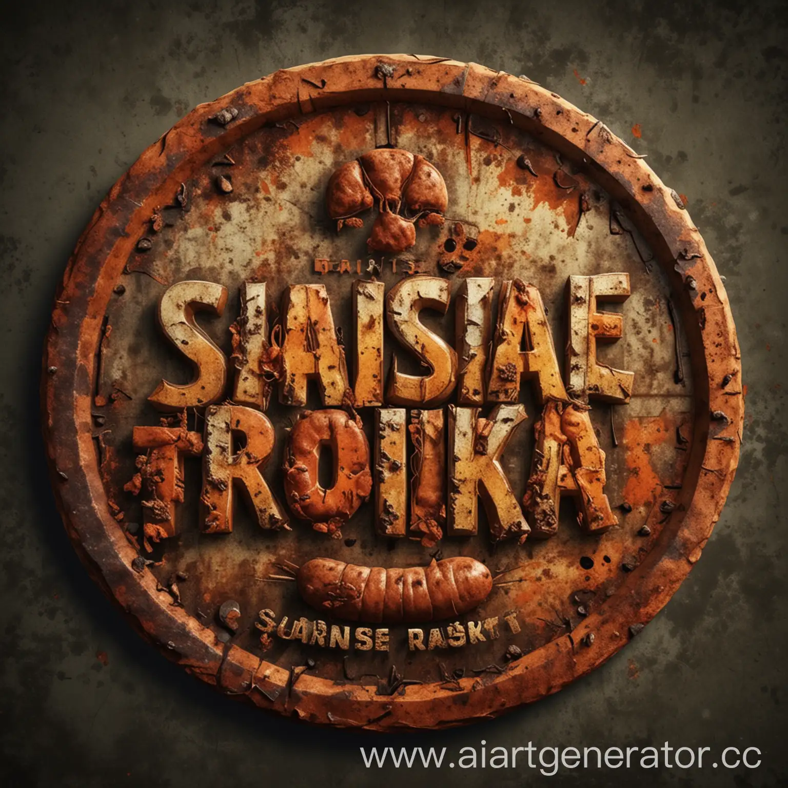 Круглый логотип для игры про выживание и радиацию, текст "SAUSAGE RUST".