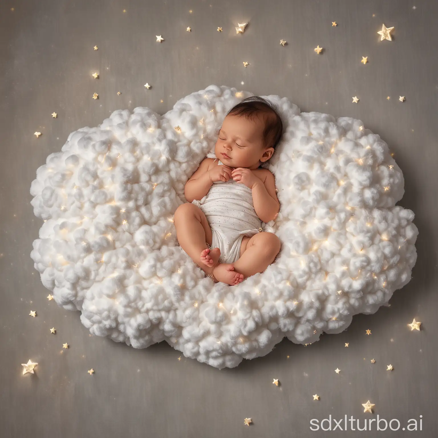 Das Baby liegt auf einem weichen, flauschigen Wolkenkissen, das sanft in den Himmel schwebt. Kleine Sternenfunken tanzen um die Wolke herum, und ein leises Lied der Sterne wiegt das Baby in den Schlaf.