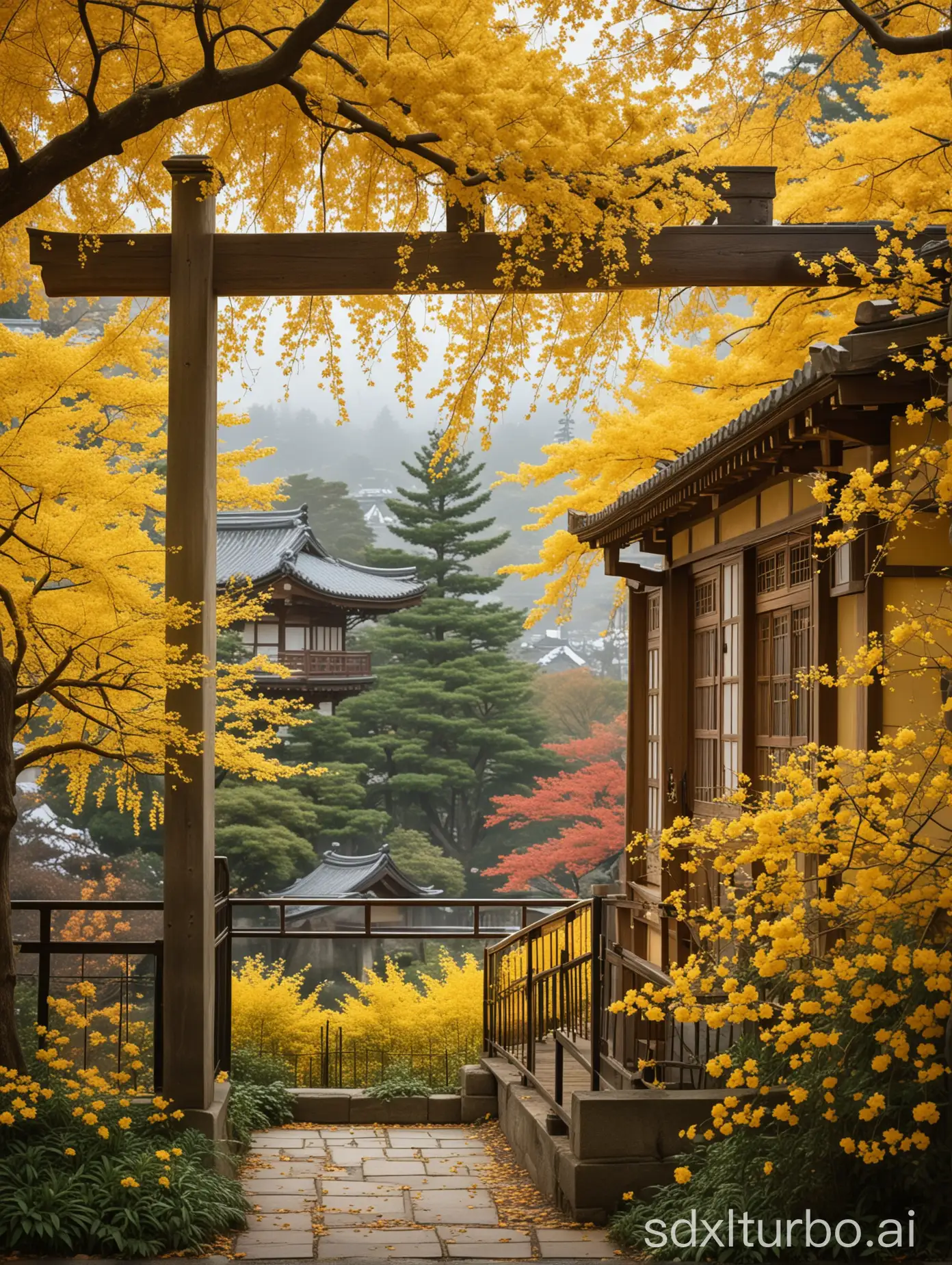 In a close-up view, the radiant yellow blooms take center stage, their delicate petals capturing the essence of ((natural)) beauty. Behind them, the elegant lines of Japanese architecture stand as a testament to ((time-honored)) craftsmanship and grace. This romantic scene is truly ((idyllic)), with the juxtaposition of vibrant flowers and serene architecture creating a harmonious blend of ((peace)) and ((tranquility)). It's a moment frozen in time, where the soul finds solace and the heart finds ((harmony)) amidst the gentle embrace of nature's ((awe)).