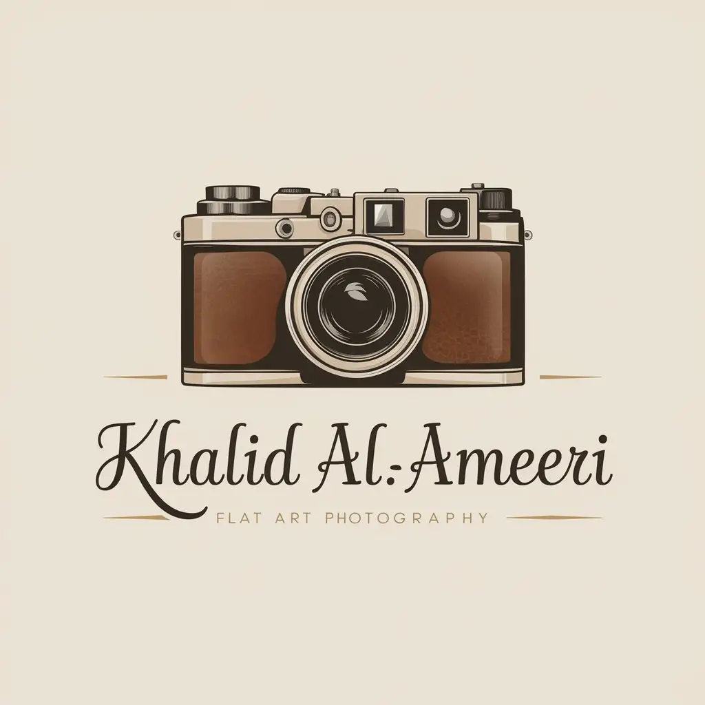 generate the logo for a old camera, flat art face photography "khalid al.ameeri"