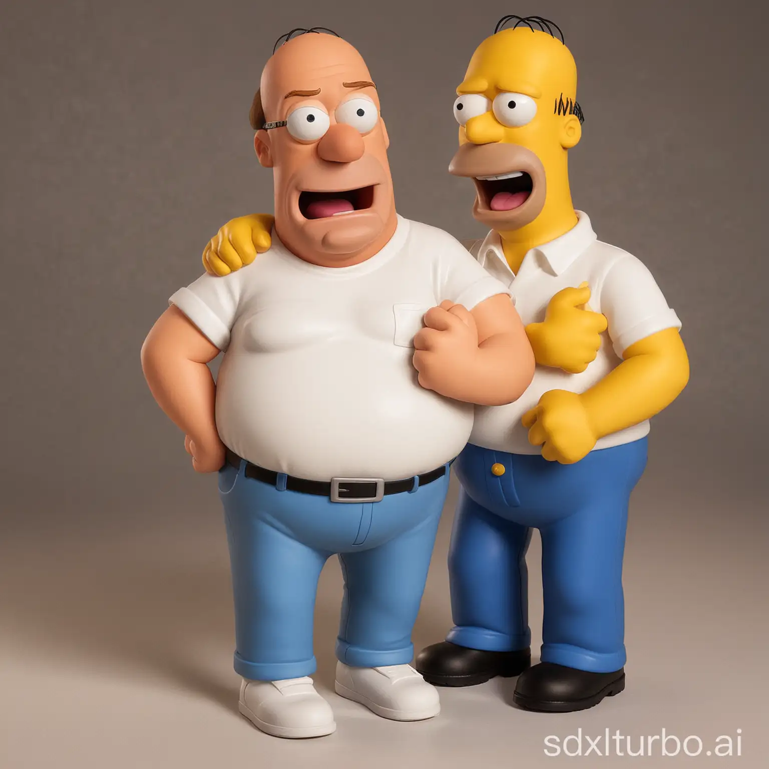 peter and homer , peter : peter is a character from family guy cartoon, homer : homer is a character from simpsons