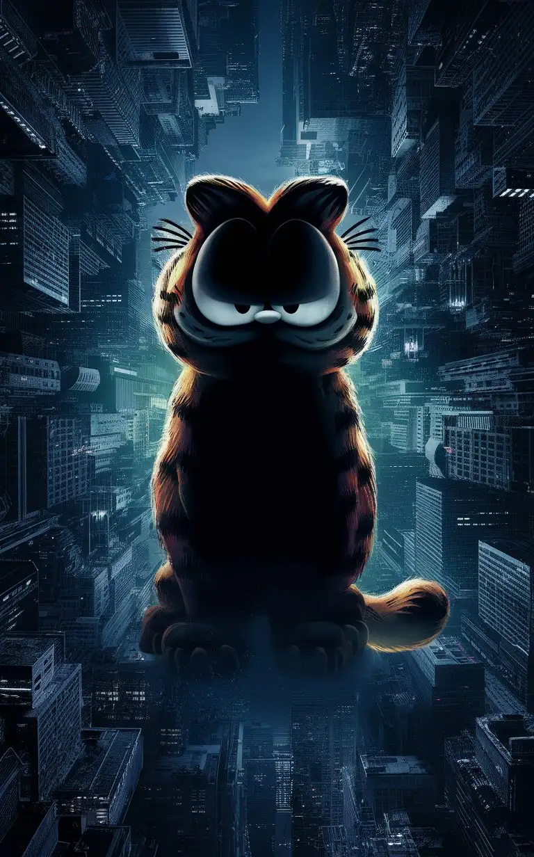 describe the dark shadow of "Garfield" in a complex background