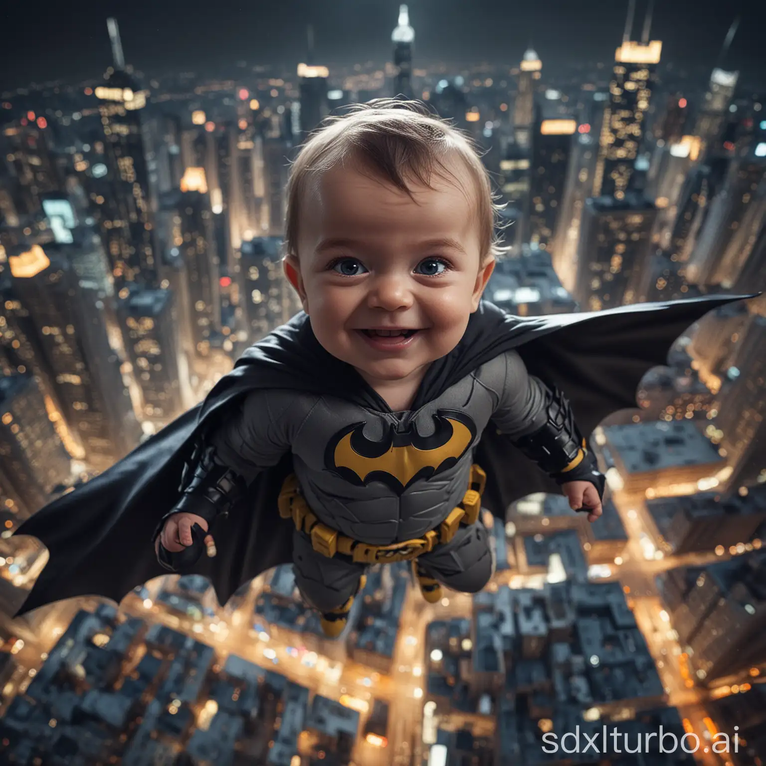 A cute baby, dressed in Batman and smiling happily at the camera on top of tall buildings, is photographed from above with city lights shining behind it. The photo was taken in the style of photographer eerie lighting, colorful photos, and a cinematic feel. It has high resolution, high definition, and a sense of realism. --ar 3:4 --iw 2 --s 750