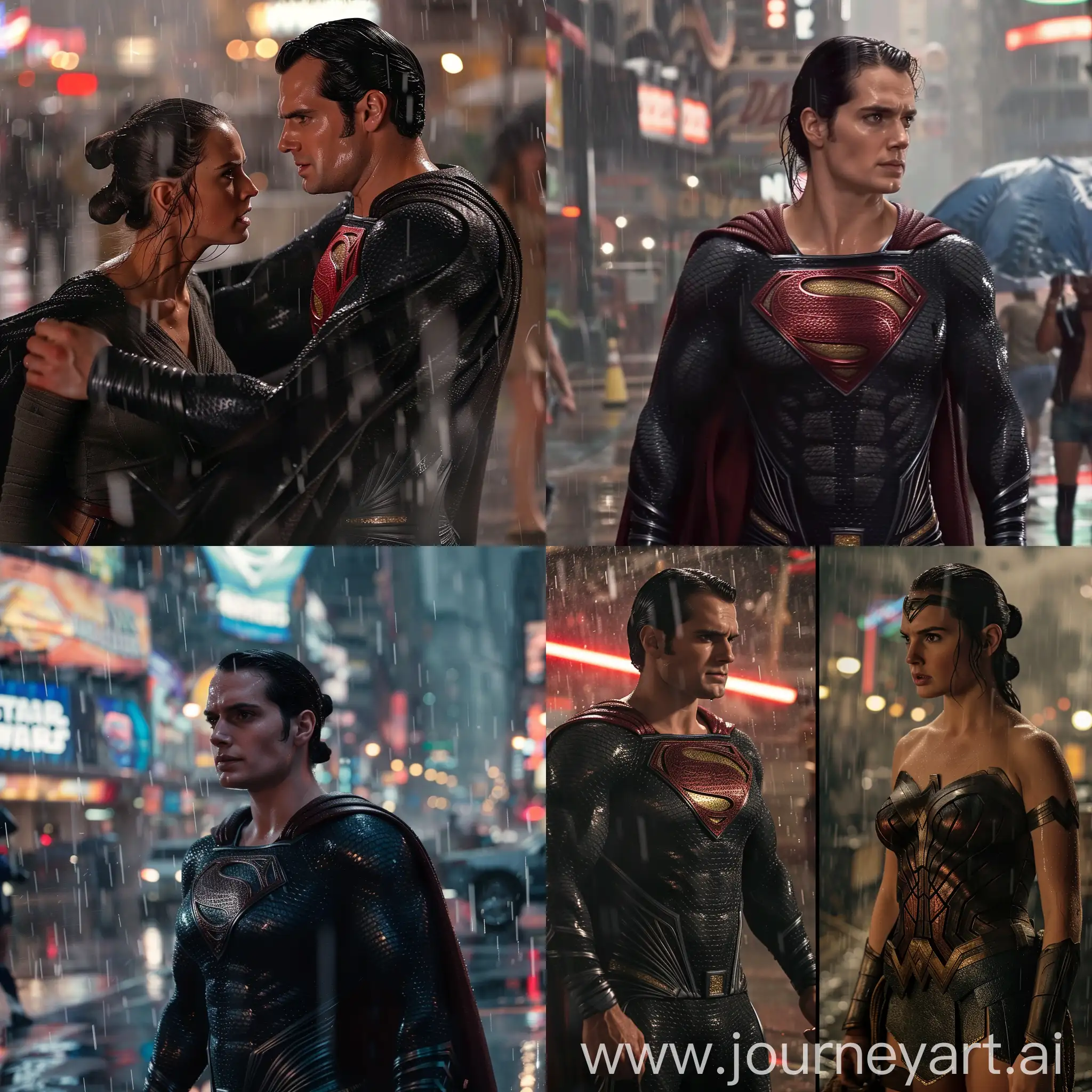 Rey Skywalker in black kryptonian costume of Faora in Man of steel Movie in rain city Tonight in action in cyberpunk city  With Superman Henry Cavill