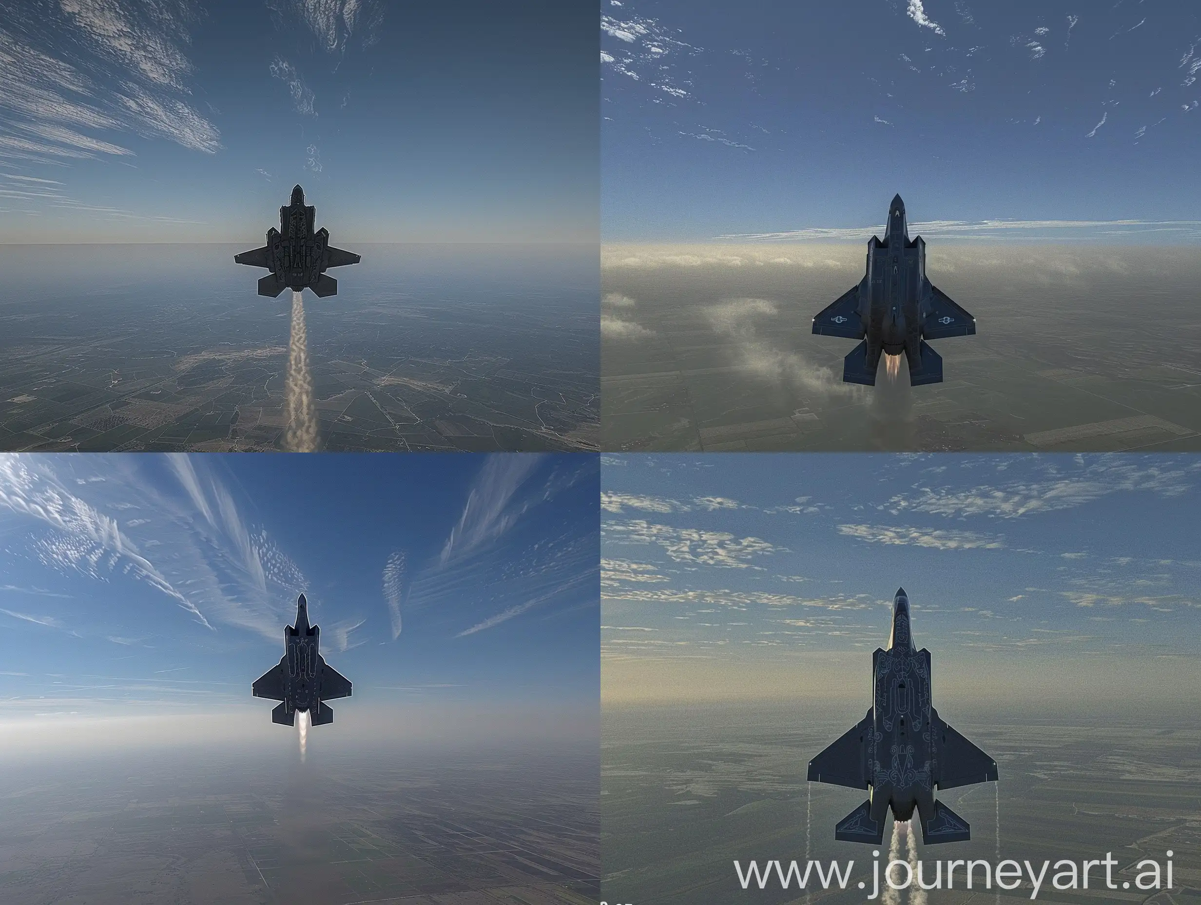 Hyper-realistic first-person view, wide-angle lens, looking up at a clear blue sky with scattered clouds. An F-35 Lightning II fighter jet soaring at supersonic speed, leaving a vapor cone. Vast landscape below, mix of green fields and arid terrain. Golden hour lighting, long shadows, lens flare from the sun. Extreme detail in jet's design, afterburners visible. Sense of motion and speed. Cinematic atmosphere, 8K resolution, photorealistic render. --no humans,animals,insects,birds --sref 3079729044