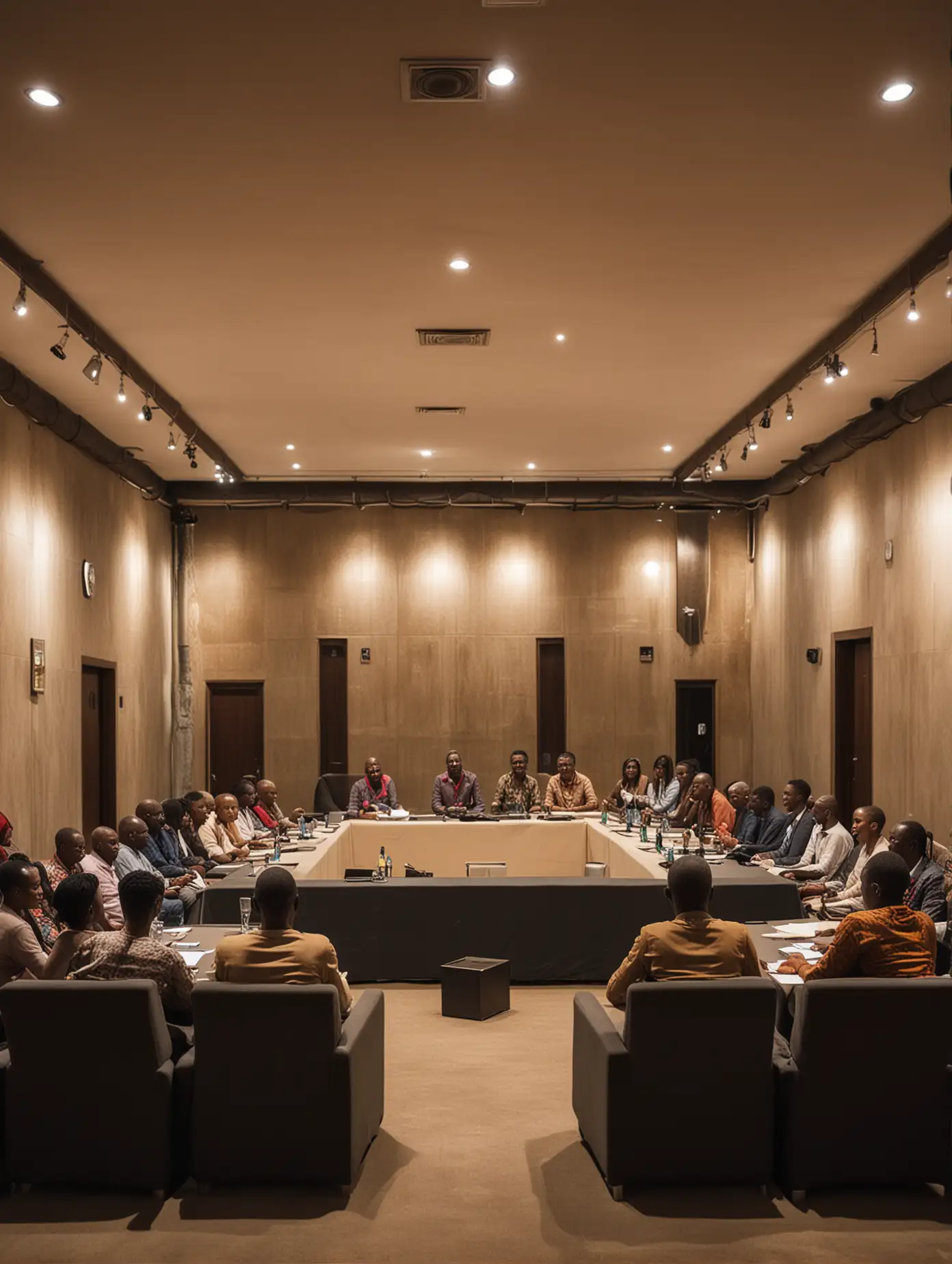 Africans seated  in a modern plush well lit meeting hall. Rear view