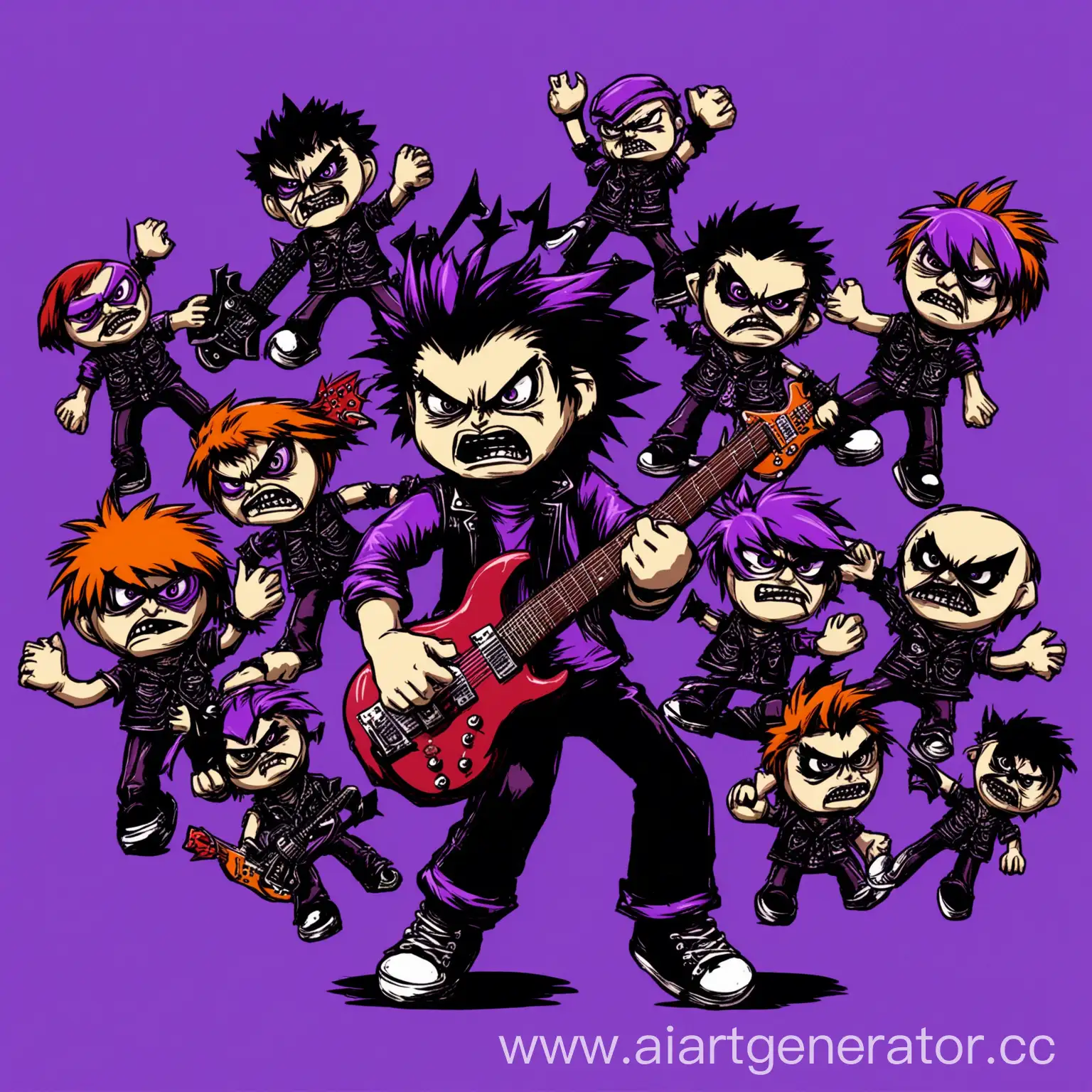 Angry mettalist rocker kid controlling a lot of puppets, logo without text, purple background