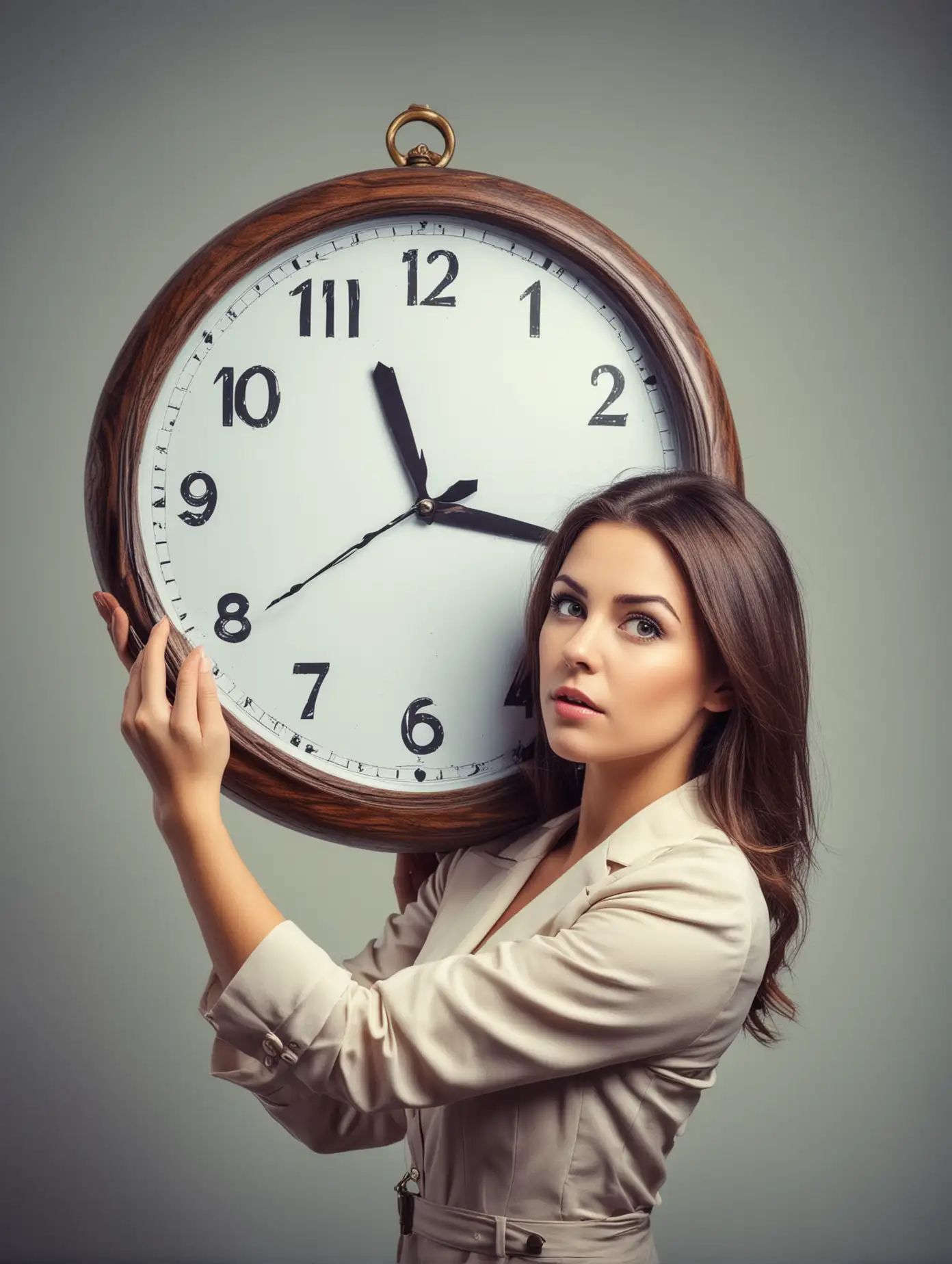 woman in business dress holding a big clock