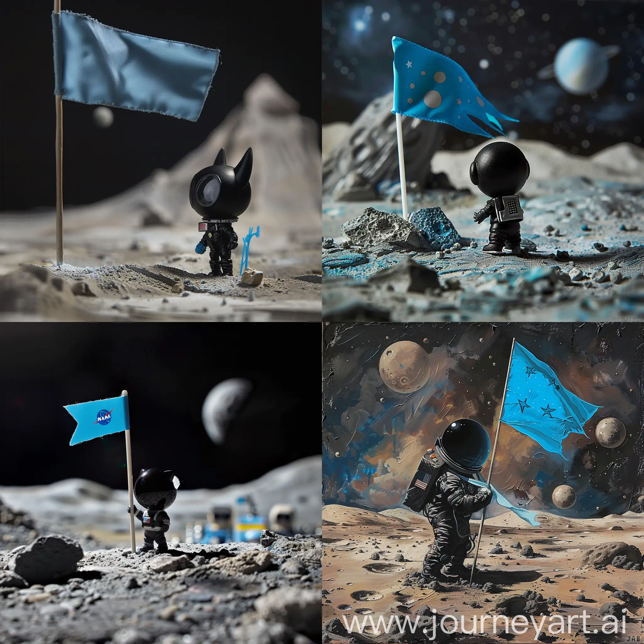 תוכי צבעוני הולך על הירח עם דגל כחול
