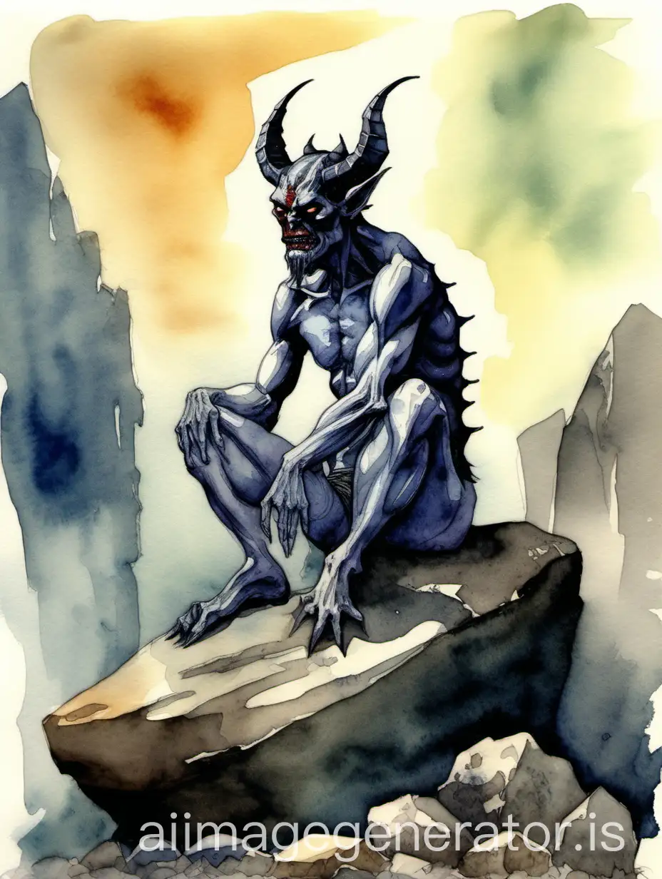 Демон сидит на скале, рисунок акварелью.