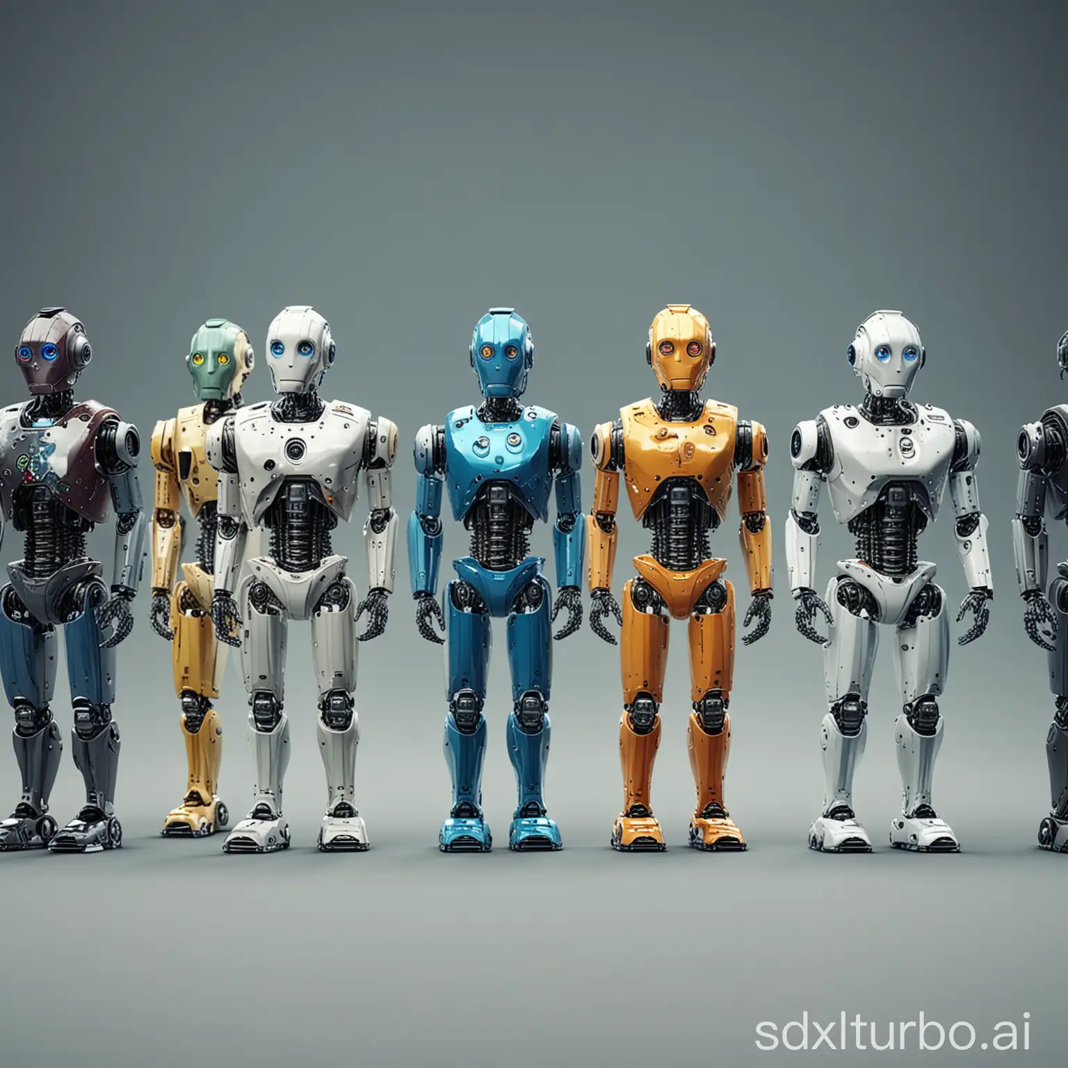 a row of robots, all different, robots of different colors