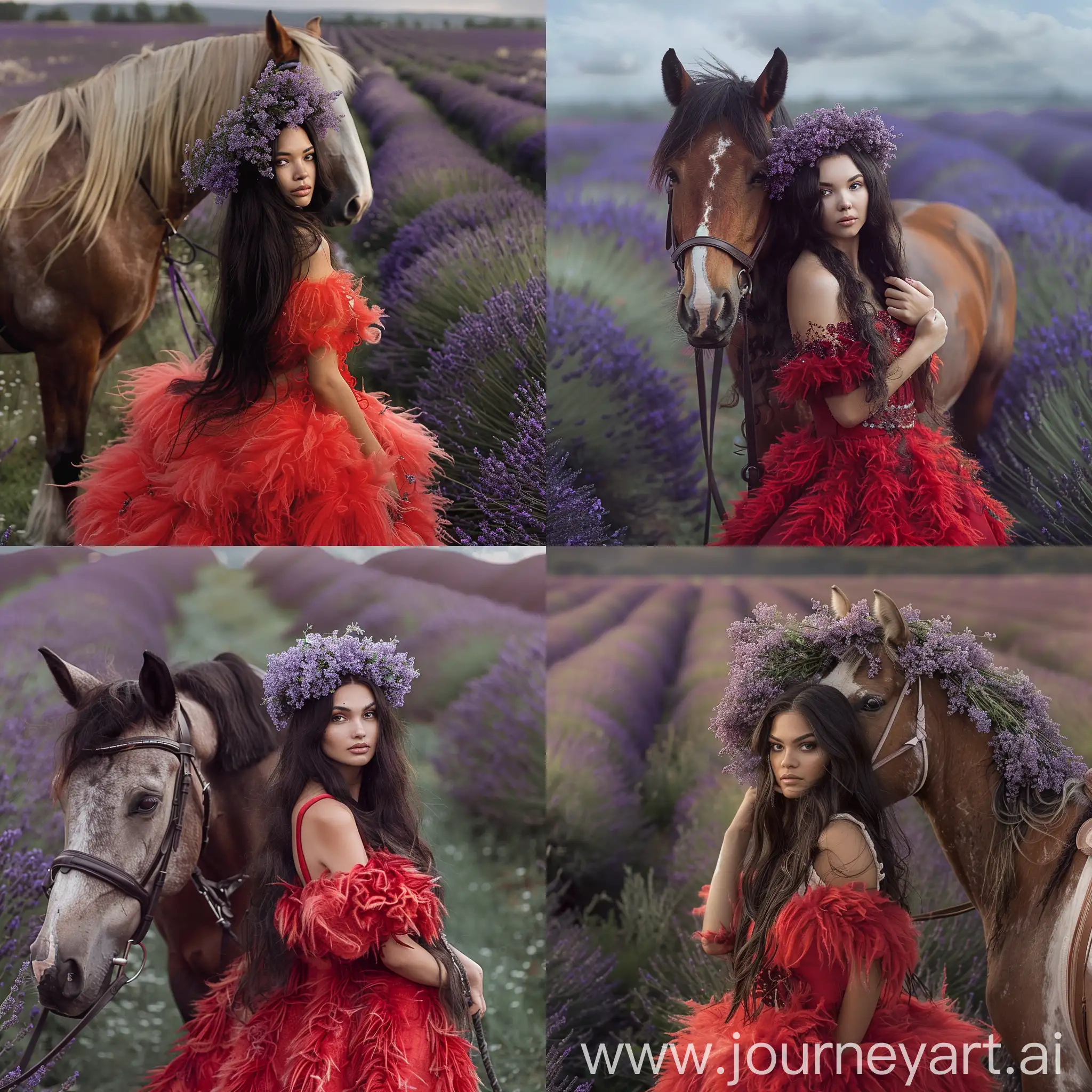 a woman with long dark hair, in a red fluffy dress, with a wreath of lilac on her head, stands next to a horse in a lavender field