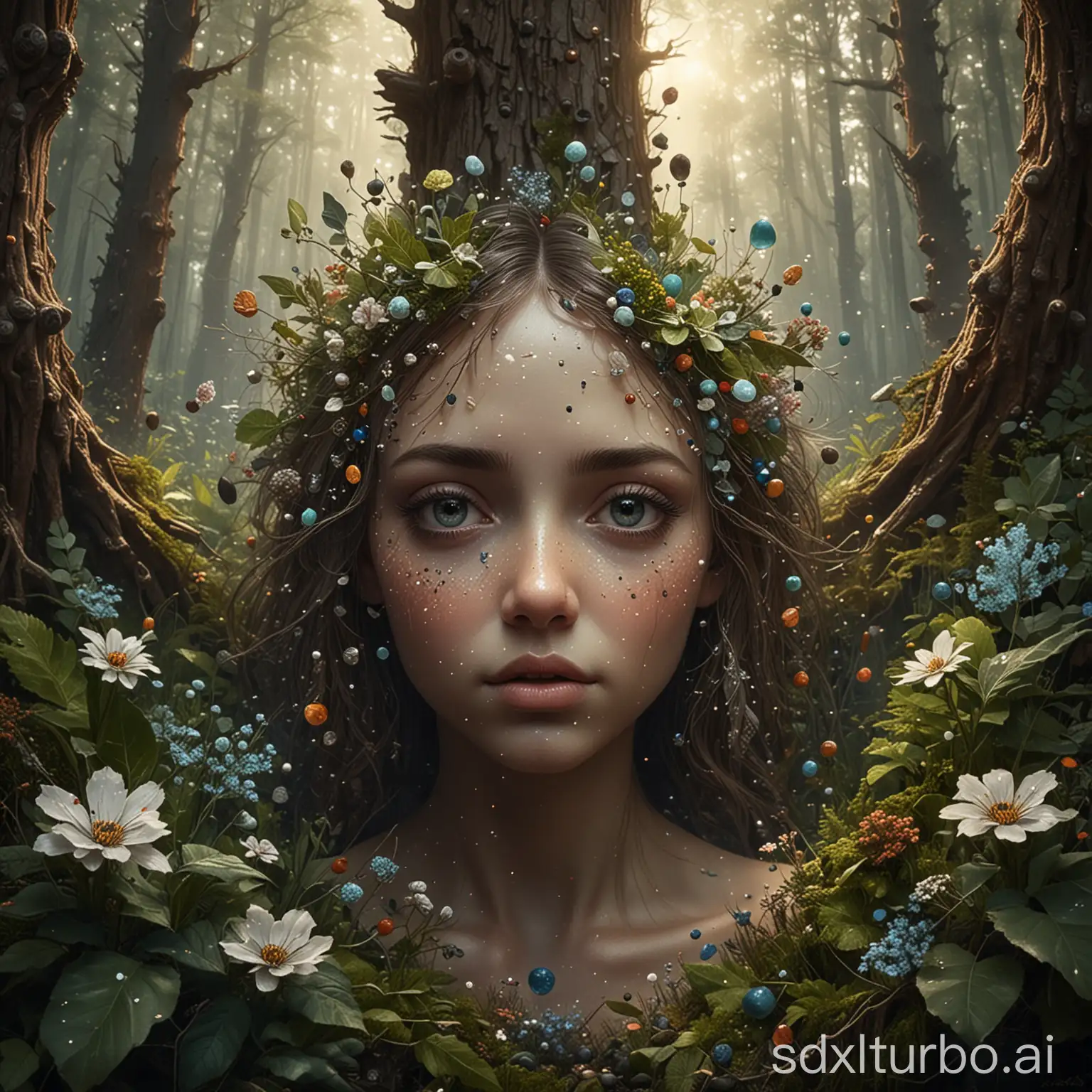 double exposure oil painting made of tiny dots, macrorealism surreal, ritualistic sitting forest girl in the forest, surrounded by gemstones, crystals, and cozy wood. A sketch by Craola featuring a detailed face, big eyes, flowers, and leaves. Highly stylized fantasy by [Anton Semenov, Carl Rungius, Ivan Rabuzin, Ed Emshwiller]. Cinematic, 32k, with sunbeams, highly detailed, dynamic intricate pose, luminous delicate fog, high quality, centered, perfect composition