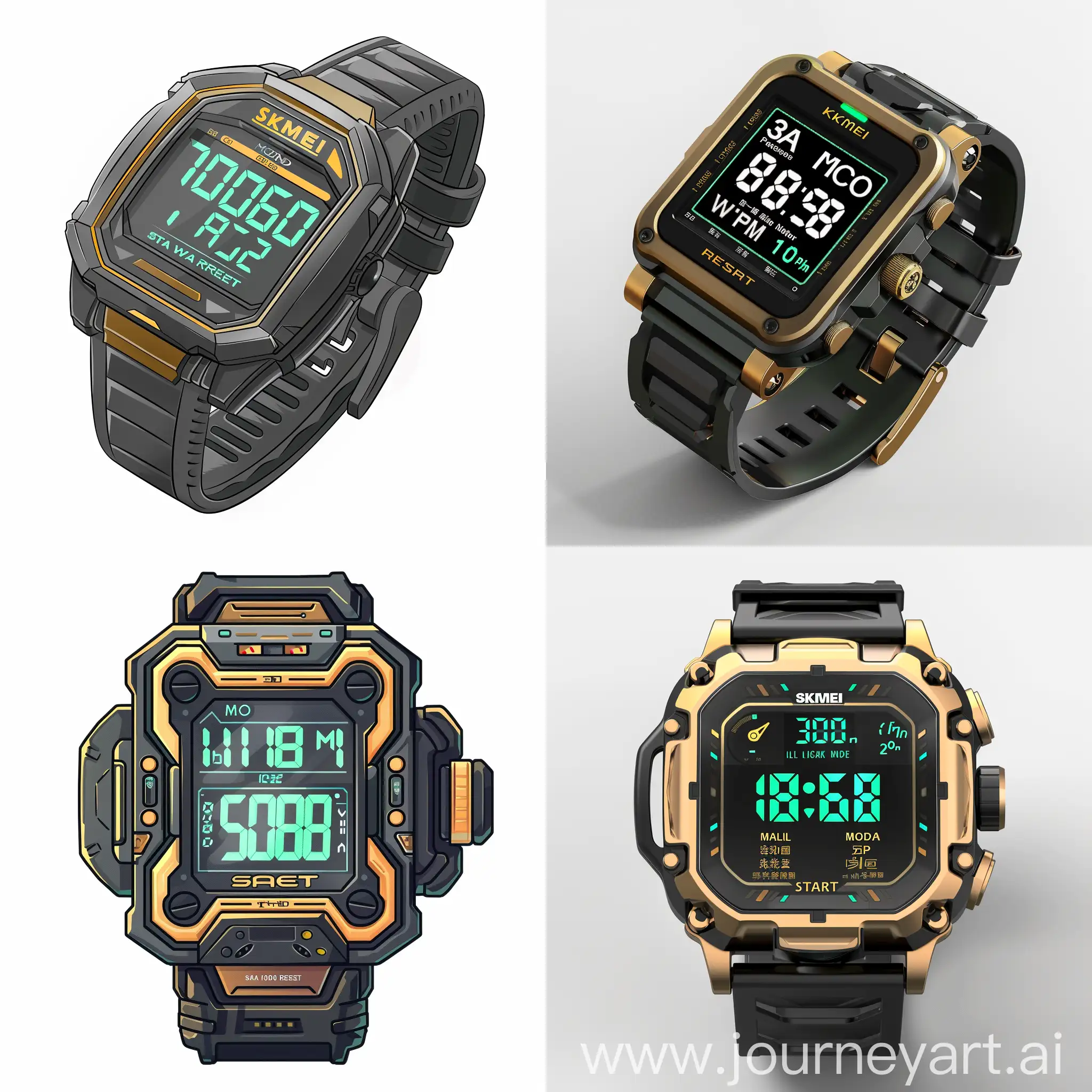 Generate a photo of a digital wristwatch with the following features:

1. Watch Brand and Model:
   - The brand "SKMEI" displayed prominently at the top of the watch face in gold text.

2. Watch Face:
   - The display should be rectangular with rounded edges, featuring a black background.
   - The main digital display should show the current time in large green numbers ("10:50").
   - The top left of the watch face should show the day ("SA") and the date ("10-20").
   - The top right corner should display a small battery icon and "36" seconds in green.
   - The letter "P" should be shown on the left side of the time, indicating PM.
   - Below the time, there should be a small "AL" icon indicating the alarm function.

3. Watch Text and Icons:
   - The words "30M WATER RESIST" should be printed at the bottom of the watch face in gold text.
   - On the left side of the watch face, there should be the words "MODE" and "LIGHT" in gold.
   - On the right side of the watch face, there should be the words "START" and "RESET" in gold.

4. Watch Buttons:
   - The watch should have four buttons on the sides, two on each side, with a metallic finish.
   - The buttons should be placed in the following order from top to bottom:
     - Left side: "MODE" and "LIGHT"
     - Right side: "START" and "RESET"

5. Watch Case:
   - The watch case should be metallic, with a brushed steel finish.
   - The case should have a solid, durable appearance with a slightly angular design around the display.

6. Watch Strap:
   - The strap should be black and made of a textured rubber material.
   - The strap should be adjustable with a buckle clasp.

7. Background:
   - The background of the image should be plain white to allow easy removal or editing later.

The image should capture the watch from a slightly angled front view, showcasing the details of the watch face, case, buttons, and strap clearly --ar 1:1 --s 0 --style raw --v 6 