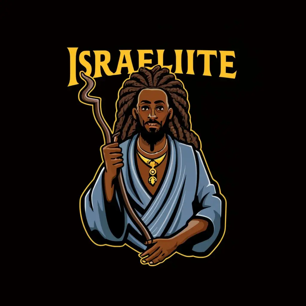 a logo design,with the text "Israelite", main symbol:A Black man with long dreadlocks wearing a middle-eastern robe and holding a staff,Moderate,be used in Entertainment industry,clear background