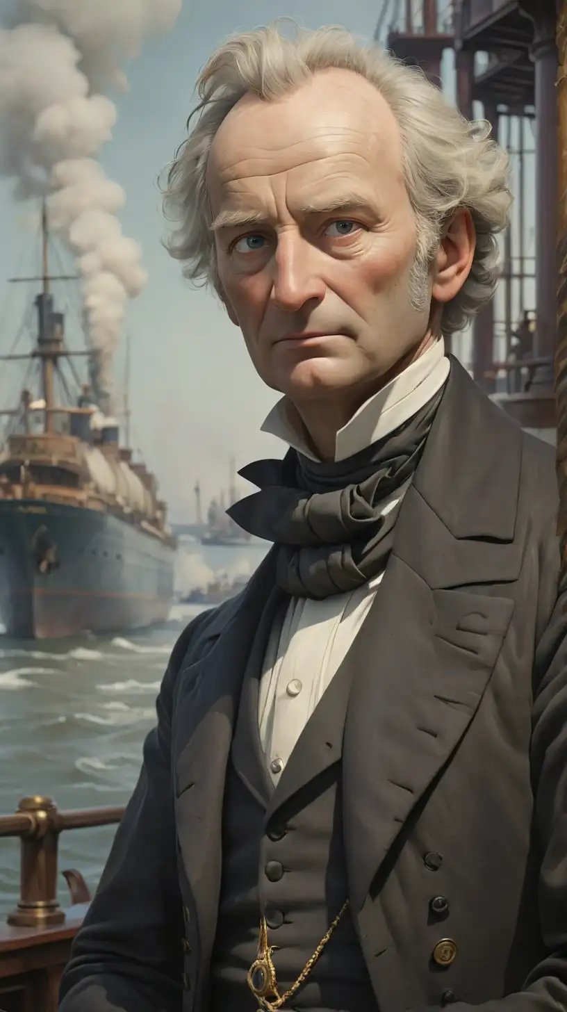 Portrait of Cornelius Vanderbilt overseeing his steamships in bustling New York Harbor
