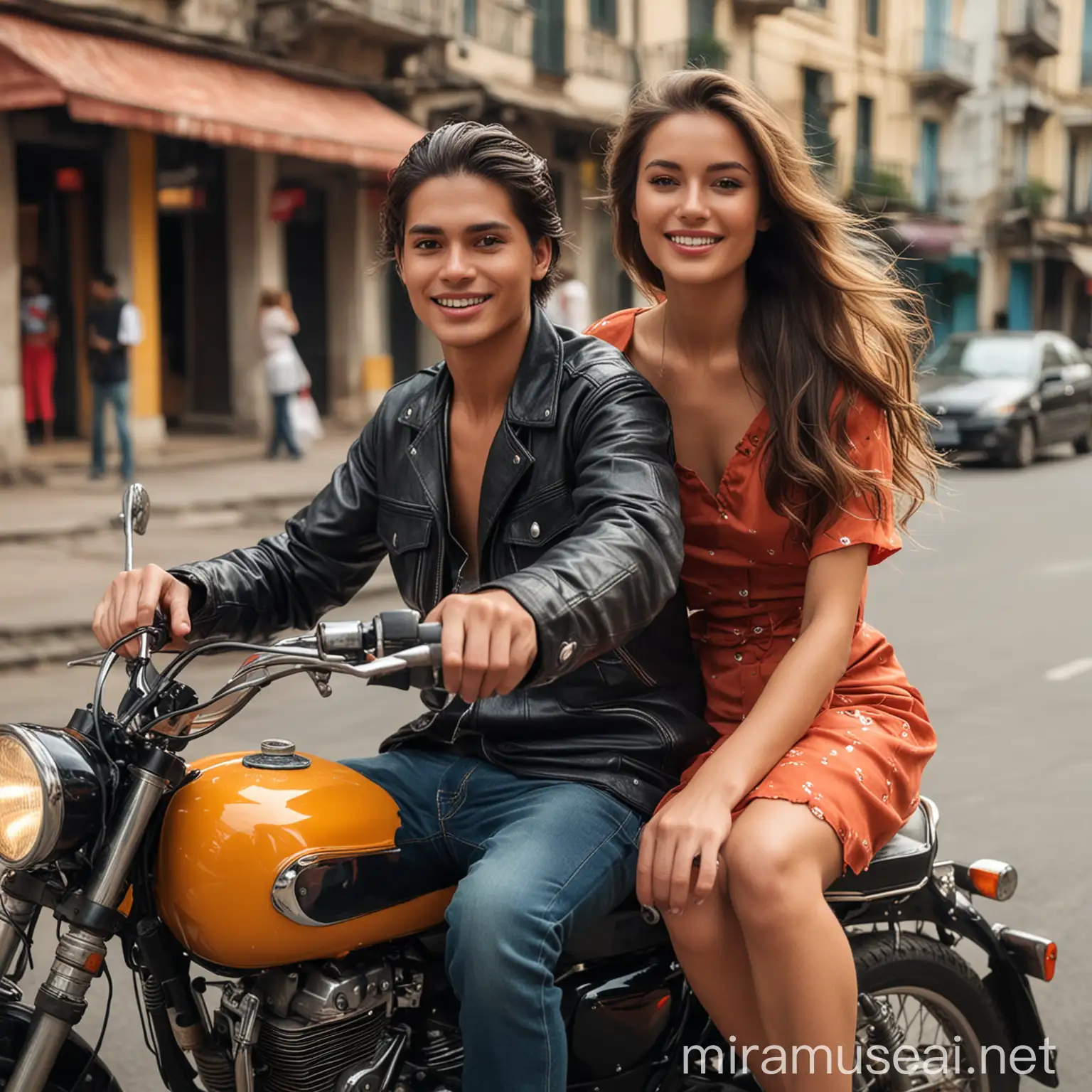 A motorbike taxi driver gives a ride to a beautiful and fashionable woman