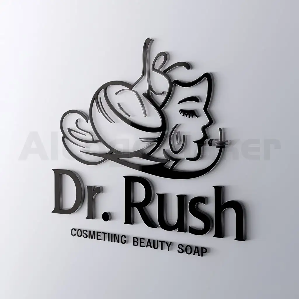 a logo design,with the text "DR. RUSH", main symbol:a cosmetic beauty product like Whitening soap. Nice girl face with soap product and cream.,complex,be used in cosmetics industry,clear background