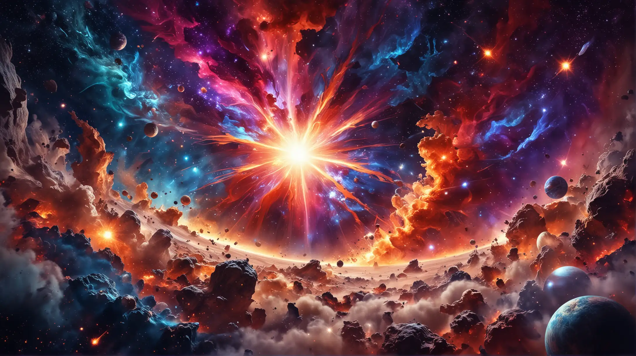 colorful abstrait dramatic fantasy cosmos background with stars planets and explosion 