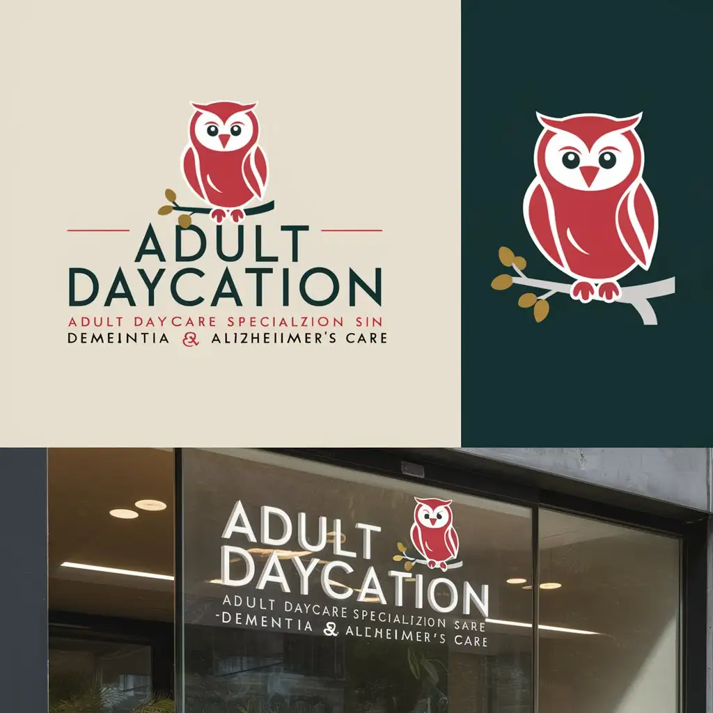 a logo design,with the text "Adult DayCation (Adult Daycare Specializing in Dementia and Alzheimer’s)", main symbol:Something red that catches the eye from a store front we are on a Main Street . We are not stuck to anything but are looking for something that’s fun and stands out and easy to read in mascot.,Moderate,clear background