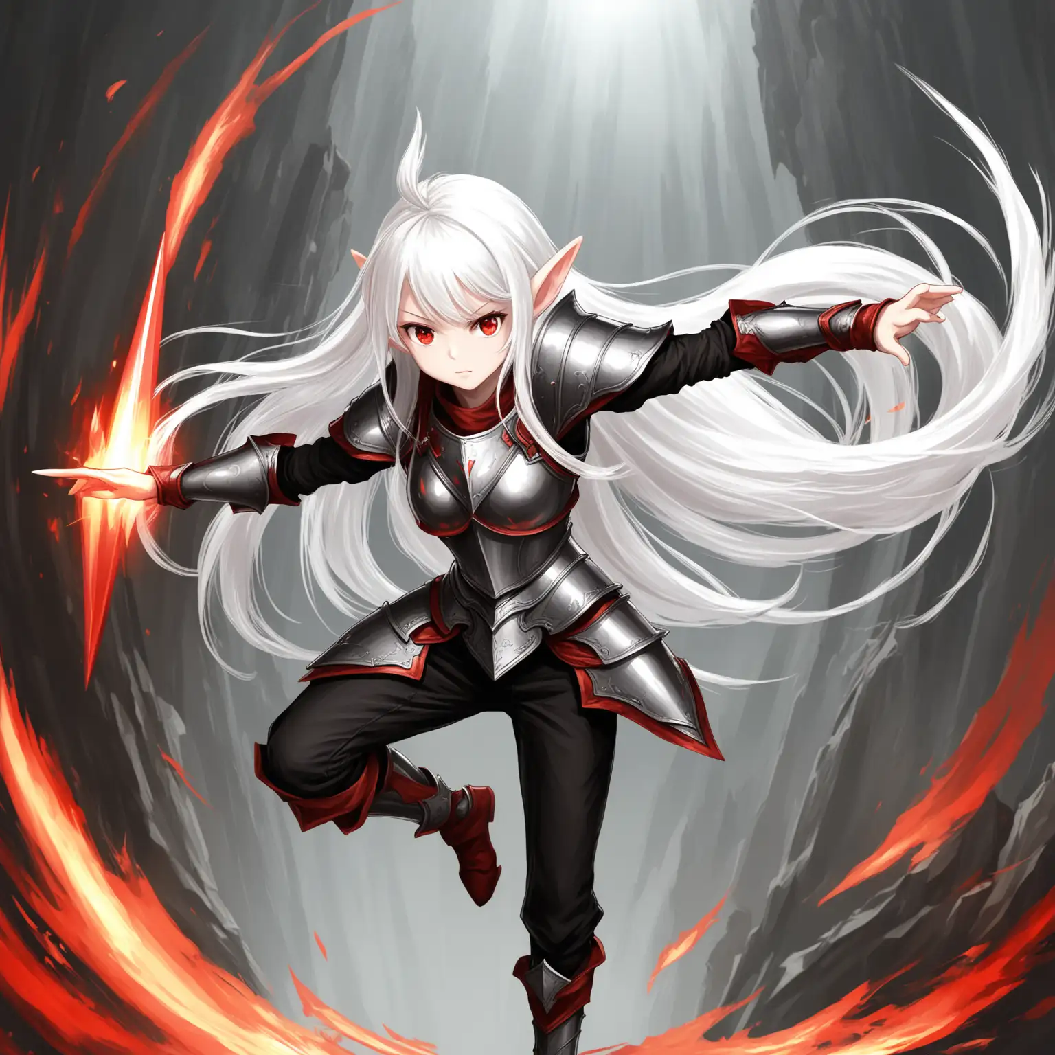 Adventurous WhiteHaired Girl with Red Eyes in Dynamic Pose and Armor