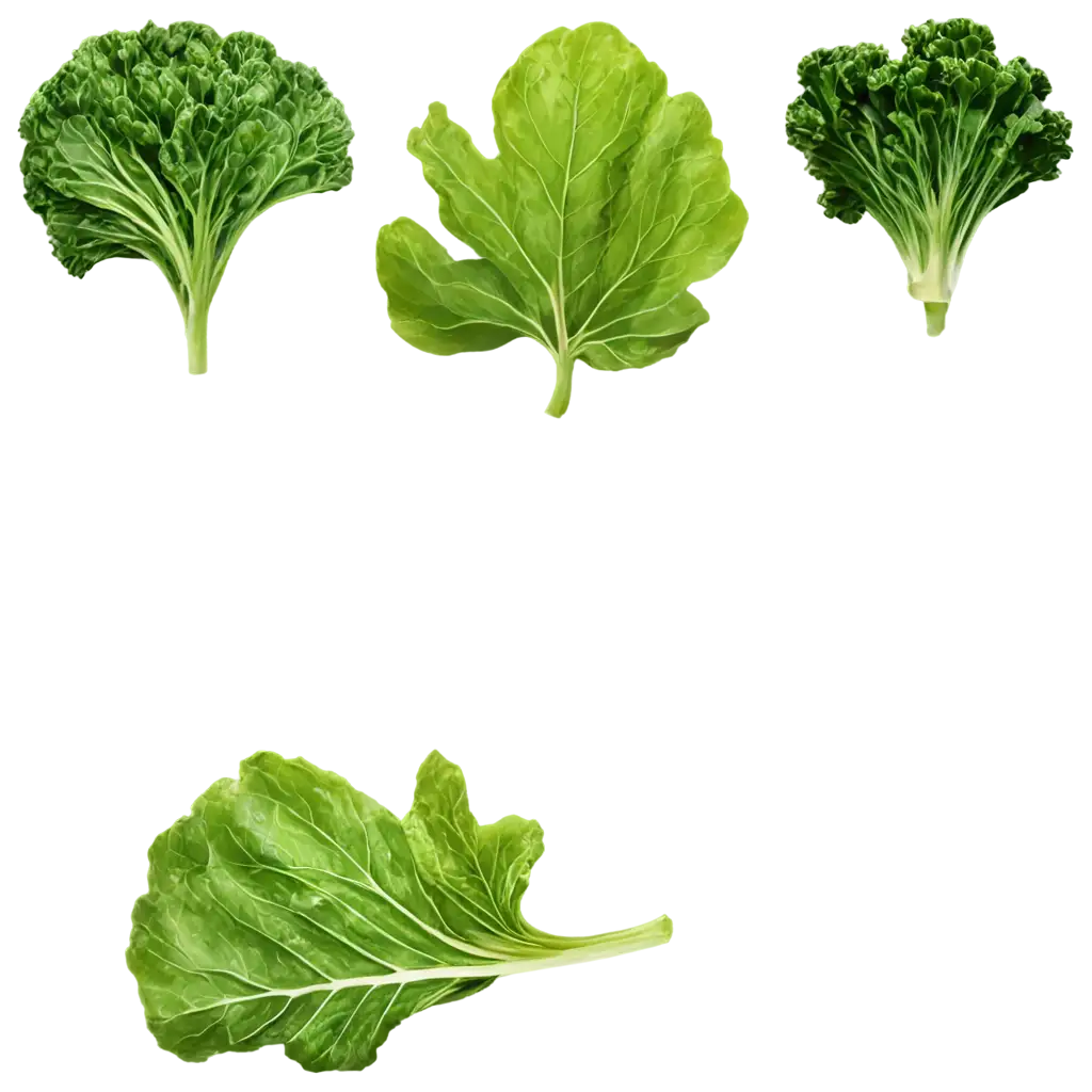 Design a set of PNG images showcasing different types of leafy greens like spinach, kale, and lettuce, ideal for health-related projects.
