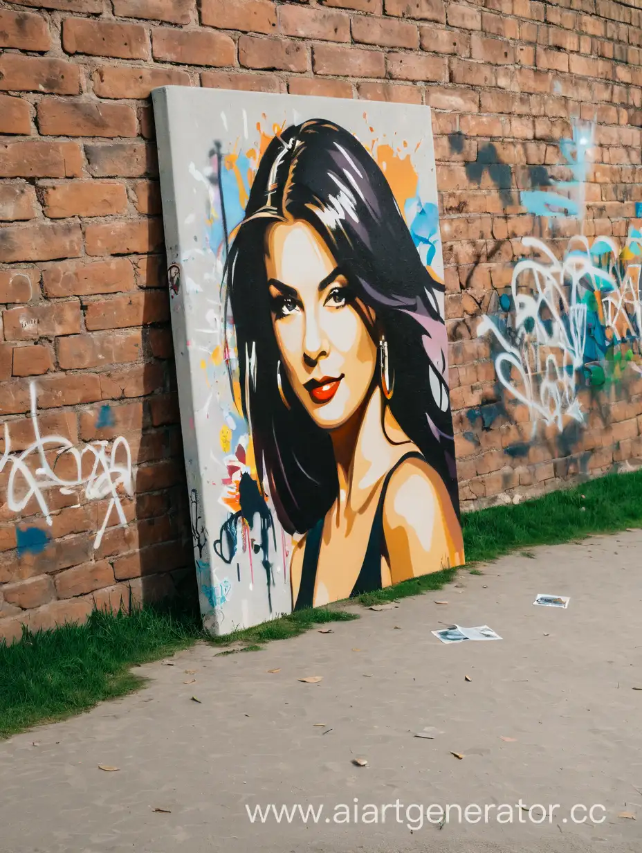 Portrait on canvas.The portrait stands in the park on the grass. The shadow of the portrait falls on the wall and the ground. The wall is covered with graffiti.